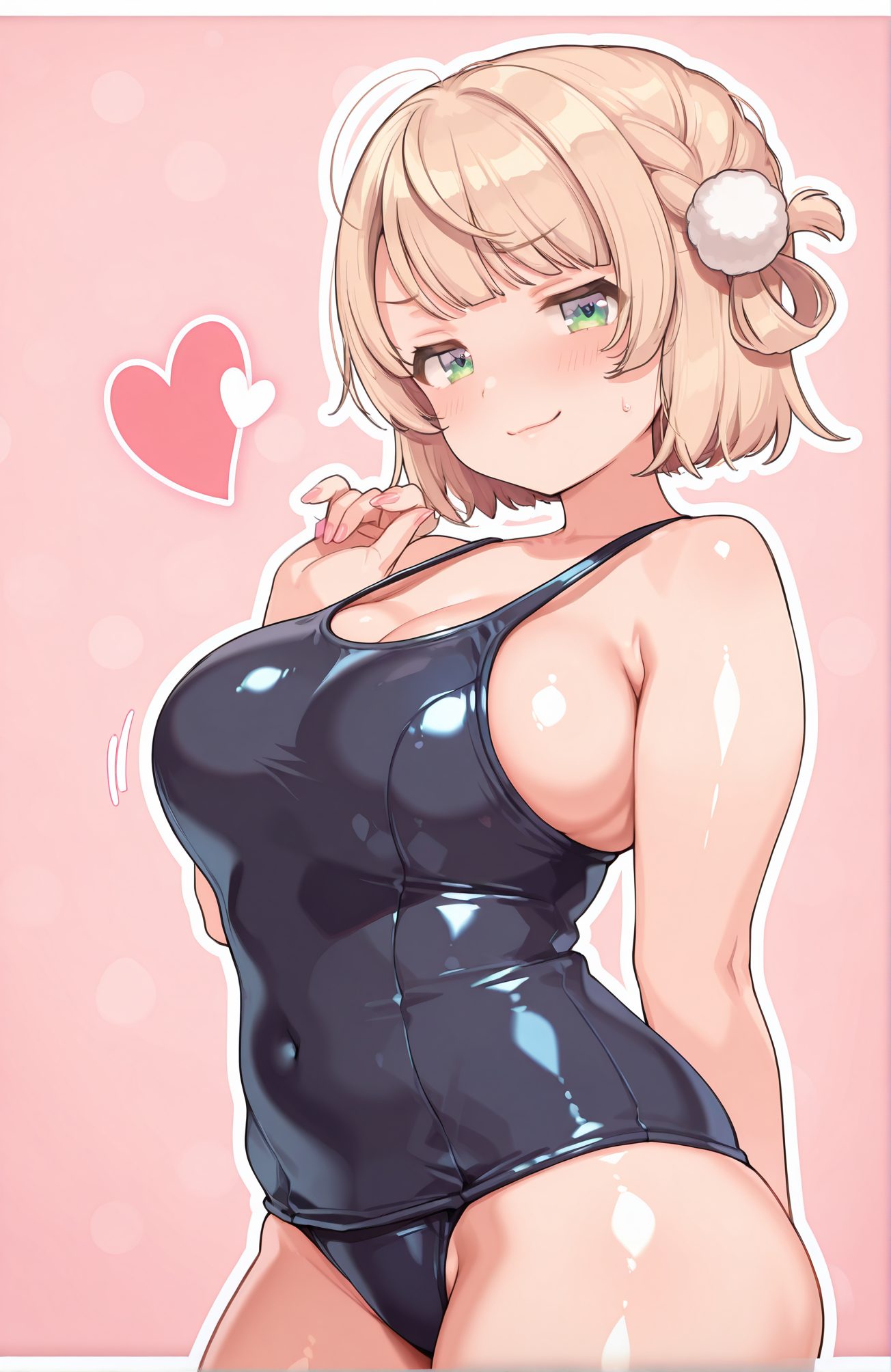 sensitive, 1girl, solo, breasts, looking_at_viewer, blush, smile, short_hair, bangs, blonde_hair, large_breasts, hair_ornament, cleavage, closed_mouth, green_eyes, swimsuit, braid, heart, cowboy_shot, shiny, virtual_youtuber, sweatdrop, one-piece_swimsuit, covered_navel, school_swimsuit, light_brown_hair, pom_pom_(clothes), french_braid, hair_rings, alternate_breast_size, shiny_clothes, blue_one-piece_swimsuit, black_one-piece_swimsuit, old_school_swimsuit, pom_pom_hair_ornament, 赤面, 笑顔, 短い髪, 前髪, 金髪, 大きな胸, 髪飾り, 口閉じ, 緑の目, 水着, 光沢, バーチャルYouTuber, 汗滴, ワンピース水着, 学校水着, 旧スクール水着, しぐれうい