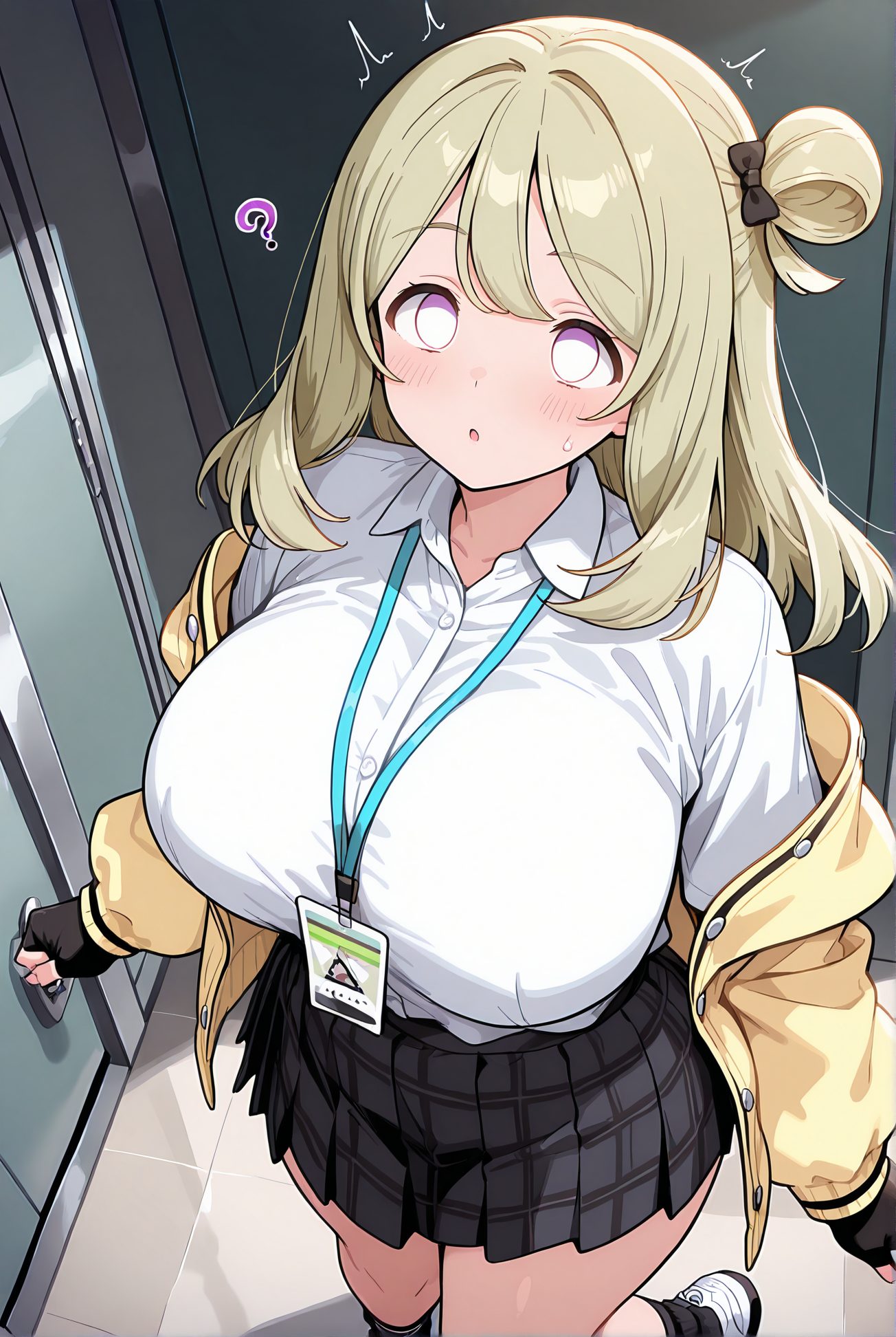 izayoi nonomi, sensitive, 1girl, solo, long_hair, breasts, blush, bangs, skirt, large_breasts, shirt, gloves, long_sleeves, bow, standing, jacket, white_shirt, hair_bow, pleated_skirt, open_clothes, shoes, black_gloves, socks, collared_shirt, fingerless_gloves, black_skirt, pink_eyes, hair_bun, huge_breasts, open_jacket, plaid, plaid_skirt, ?, single_side_bun, yellow_jacket, id_card, mind_control, hypnosis, nonomi_(blue_archive), 長い髪, 赤面, 前髪, スカート, 大きな胸, シャツ, 手袋, ボウ, 白シャツ, 髪ボウ, 衣服開く, 靴, 黒手袋, ソックス, 髪団子, 巨大な胸, 催眠, 十六夜ののみ_posted