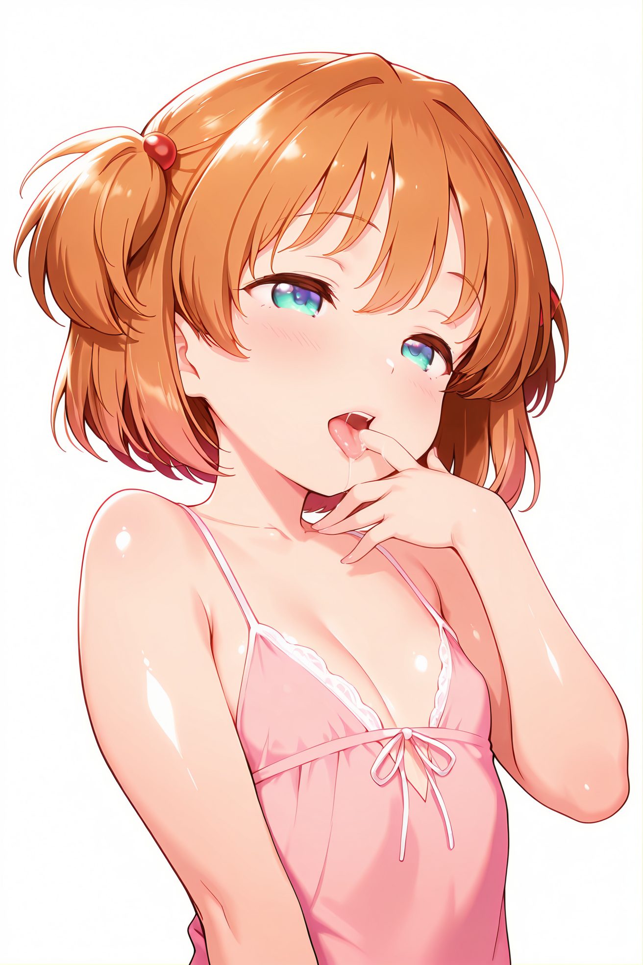 sensitive, questionable, 1girl, solo, breasts, blush, short_hair, open_mouth, bangs, blue_eyes, simple_background, brown_hair, hair_ornament, white_background, bare_shoulders, collarbone, upper_body, small_breasts, tongue, tongue_out, orange_hair, flat_chest, aqua_eyes, two_side_up, saliva, hair_intakes, hair_bobbles, licking, 赤面, 短い髪, 口開き, 前髪, 青い目, 茶髪, 髪飾り, 肩出し, 鎖骨, 小さな胸, 舌出し, オレンジ髪, 平らな胸, 両側アップ, よだれ, ok, 片岡優希