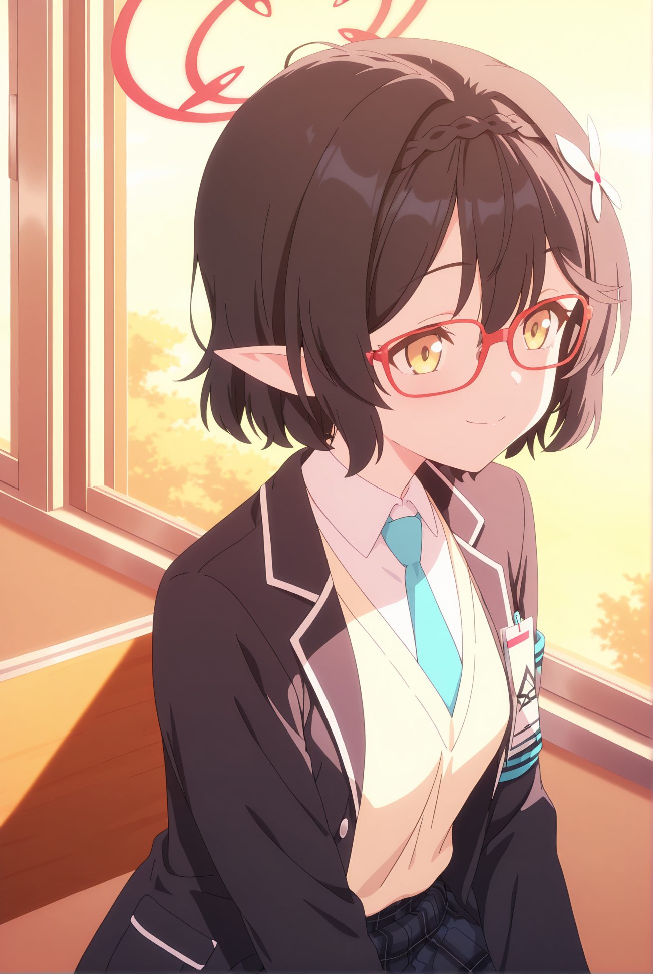 okusora ayane, general, sensitive, 1girl, solo, smile, short_hair, bangs, skirt, shirt, black_hair, hair_ornament, school_uniform, jacket, yellow_eyes, white_shirt, braid, open_clothes, necktie, glasses, pointy_ears, collared_shirt, indoors, hair_flower, open_jacket, black_jacket, plaid, window, halo, plaid_skirt, armband, red-framed_eyewear, sunset, blue_necktie, 笑顔, 短い髪, 前髪, スカート, シャツ, 黒髪, 髪飾り, 学校制服, 白シャツ, 衣服開く, 髪の花, 奥空アヤネ_posted, Posted