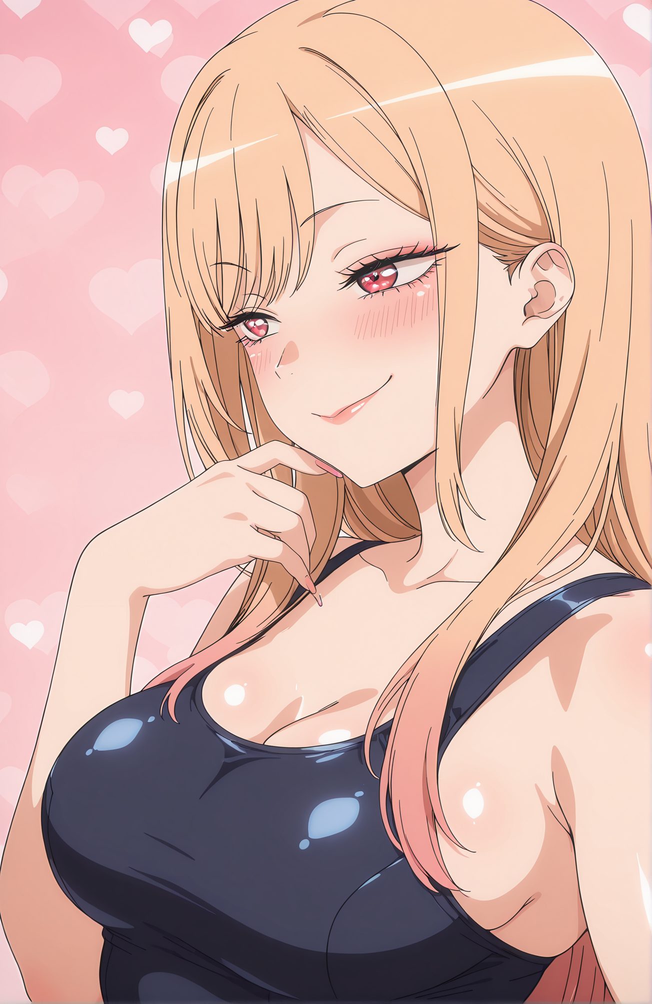 sensitive, 1girl, solo, long_hair, breasts, blush, smile, bangs, blonde_hair, large_breasts, red_eyes, cleavage, closed_mouth, collarbone, swimsuit, upper_body, heart, multicolored_hair, shiny, one-piece_swimsuit, makeup, pink_background, school_swimsuit, pink_nails, pink_lips, kitagawa_marin, 長い髪, 赤面, 笑顔, 前髪, 金髪, 大きな胸, 赤い目, 口閉じ, 鎖骨, 水着, 多色髪, 光沢, ワンピース水着, 学校水着, 喜多川海夢