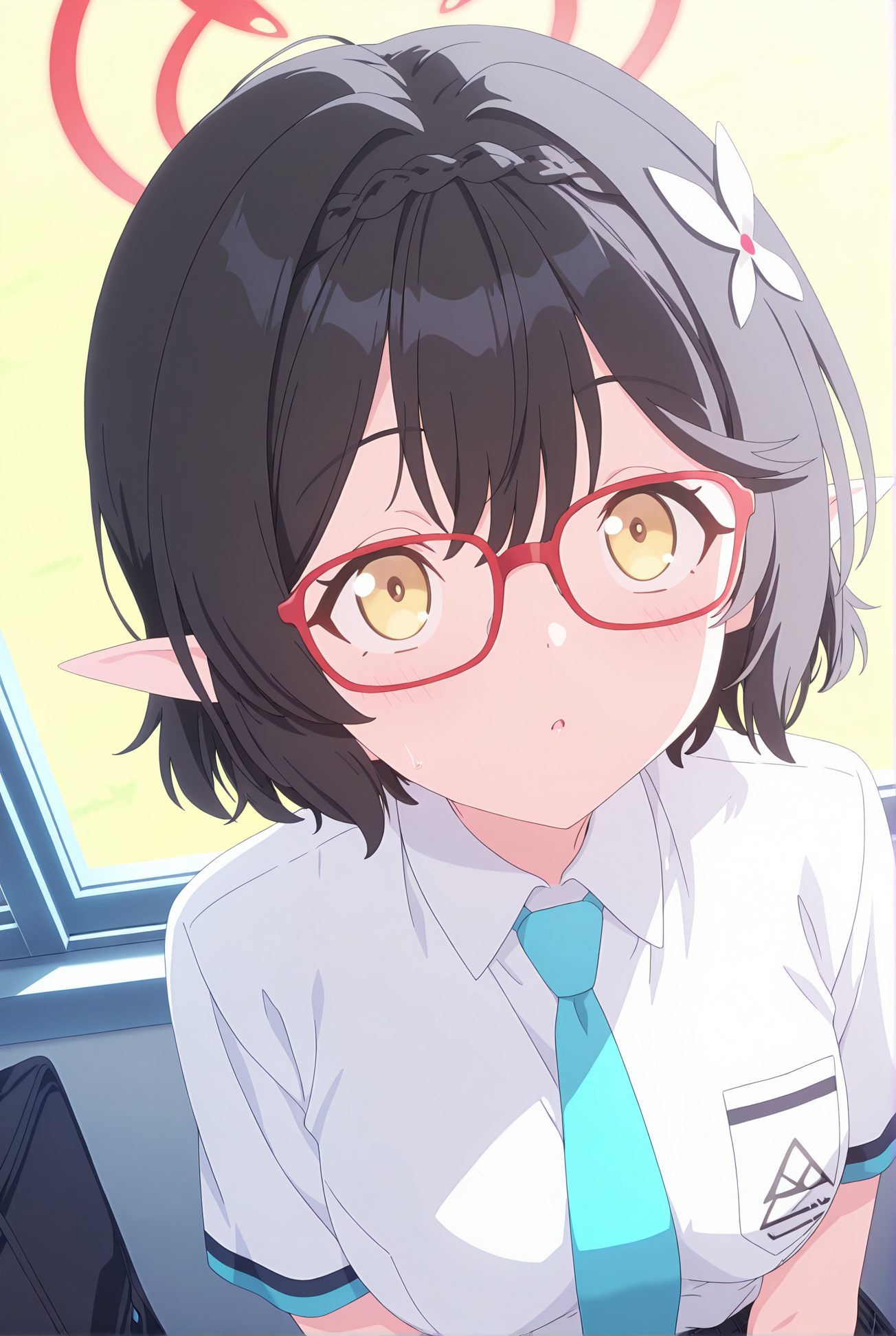 okusora ayane, general, sensitive, 1girl, solo, breasts, looking_at_viewer, blush, short_hair, bangs, shirt, black_hair, hair_ornament, medium_breasts, school_uniform, yellow_eyes, white_shirt, upper_body, braid, flower, short_sleeves, parted_lips, necktie, glasses, pointy_ears, collared_shirt, hair_flower, bag, halo, red-framed_eyewear, school_bag, blue_necktie, 赤面, 短い髪, 前髪, シャツ, 黒髪, 髪飾り, 中くらいの胸, 学校制服, 白シャツ, 髪の花, 奥空アヤネ_posted, Posted
