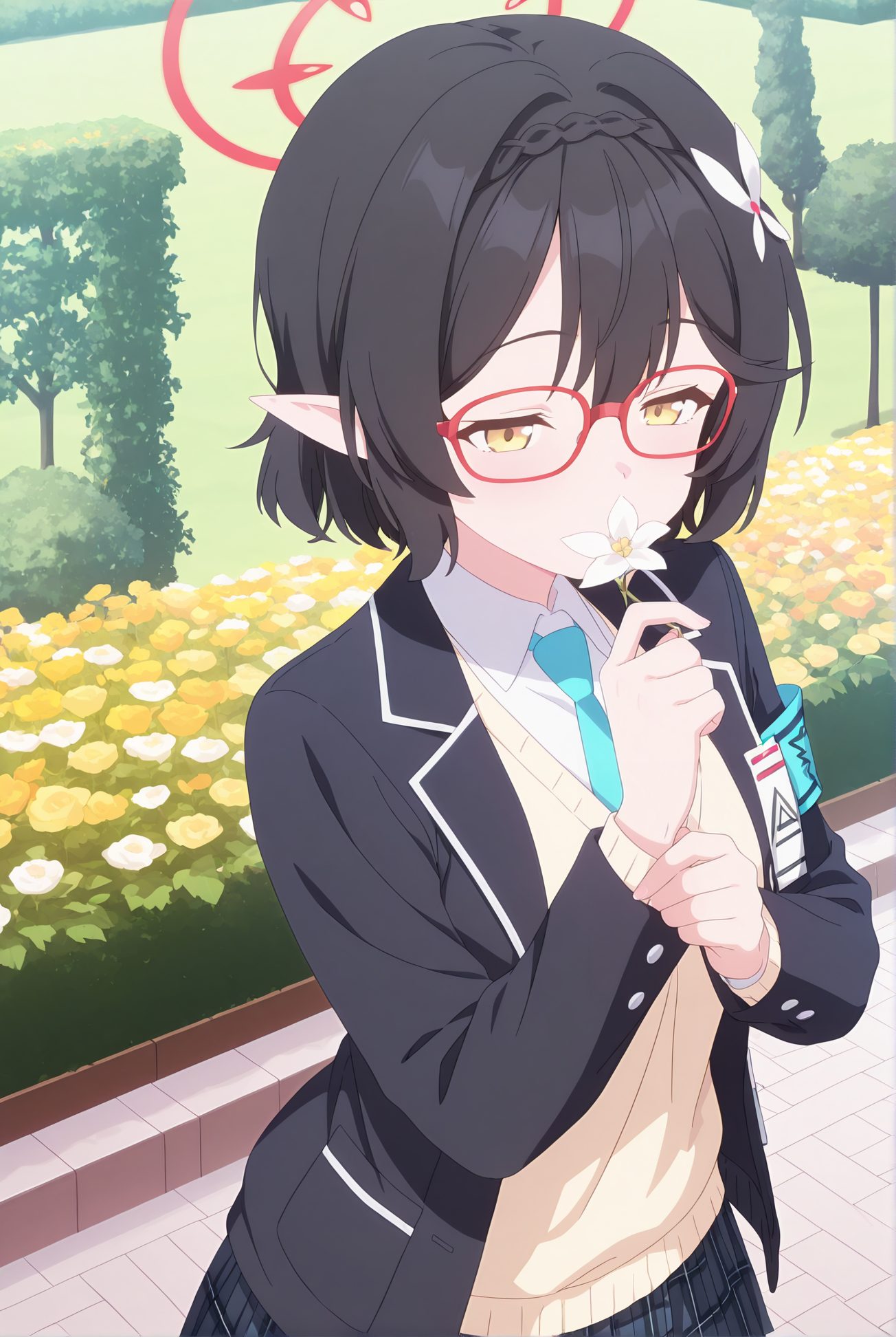 okusora ayane, general, sensitive, 1girl, solo, short_hair, bangs, skirt, shirt, black_hair, hair_ornament, long_sleeves, holding, school_uniform, jacket, yellow_eyes, white_shirt, braid, flower, pleated_skirt, outdoors, open_clothes, necktie, glasses, pointy_ears, collared_shirt, hair_flower, open_jacket, tree, black_jacket, plaid, halo, plaid_skirt, blazer, white_flower, armband, sweater_vest, red-framed_eyewear, blue_necktie, yellow_flower, holding_flower, bush, 短い髪, 前髪, スカート, シャツ, 黒髪, 髪飾り, 学校制服, 白シャツ, 衣服開く, 髪の花, セーターベスト, 奥空アヤネ_posted, Posted