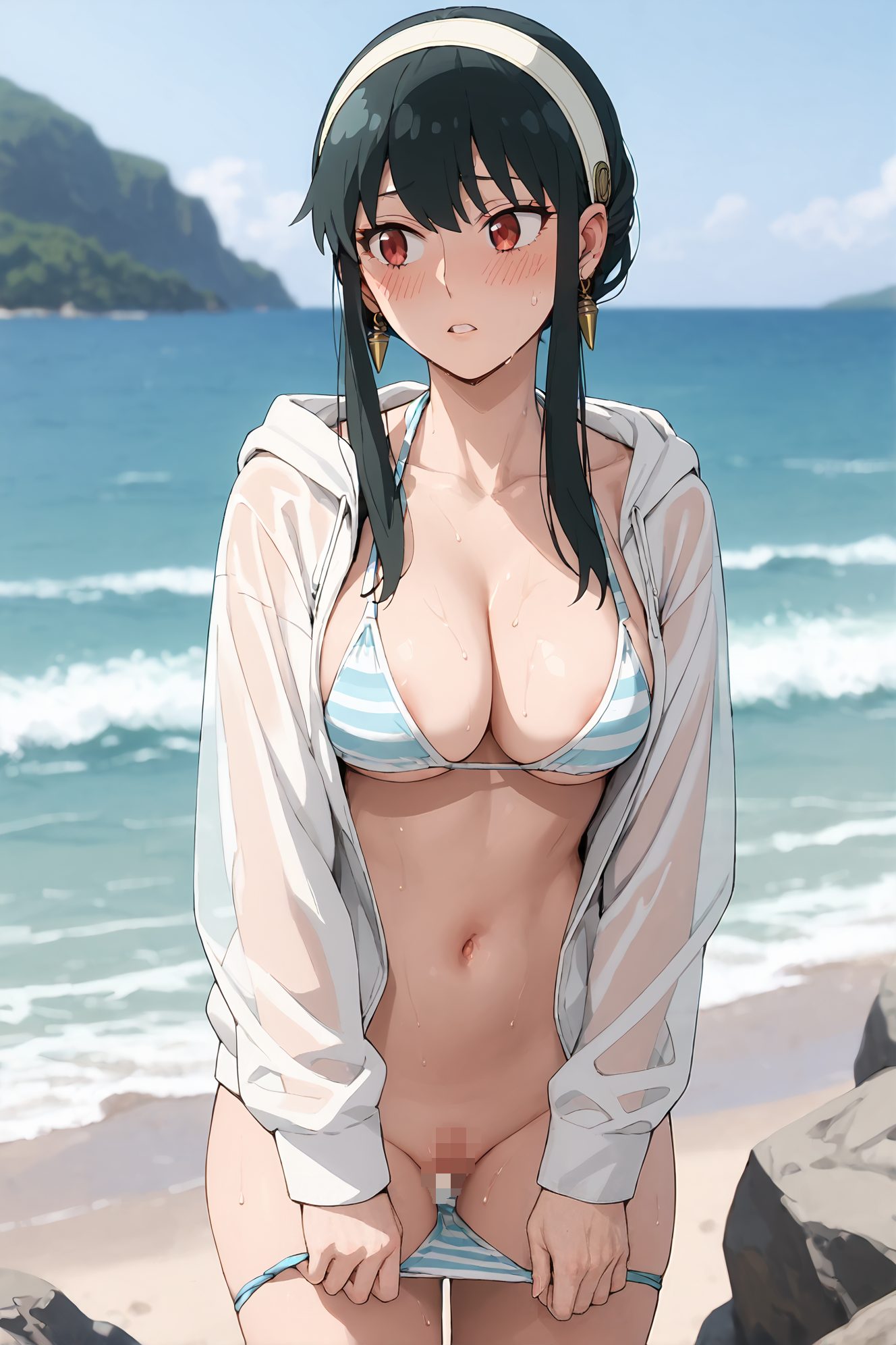 questionable, explicit, 1girl, solo, long_hair, breasts, blush, bangs, large_breasts, black_hair, red_eyes, long_sleeves, navel, cleavage, jewelry, collarbone, jacket, swimsuit, sidelocks, bikini, thighs, cowboy_shot, hairband, earrings, outdoors, parted_lips, open_clothes, sky, pussy, day, striped, hood, water, stomach, open_jacket, blue_sky, wet, see-through, looking_to_the_side, hoodie, ocean, ass_visible_through_thighs, beach, clothes_pull, hood_down, areola_slip, striped_bikini, white_hairband, pulled_by_self, bikini_pull, yor_briar, 長い髪, 赤面, 前髪, 大きな胸, 黒髪, 赤い目, ジュエリー, 鎖骨, 水着, サイドロック, ビキニ, ヘアバンド, イヤリング, 衣服開く, パーカー, ヨル・ブライア