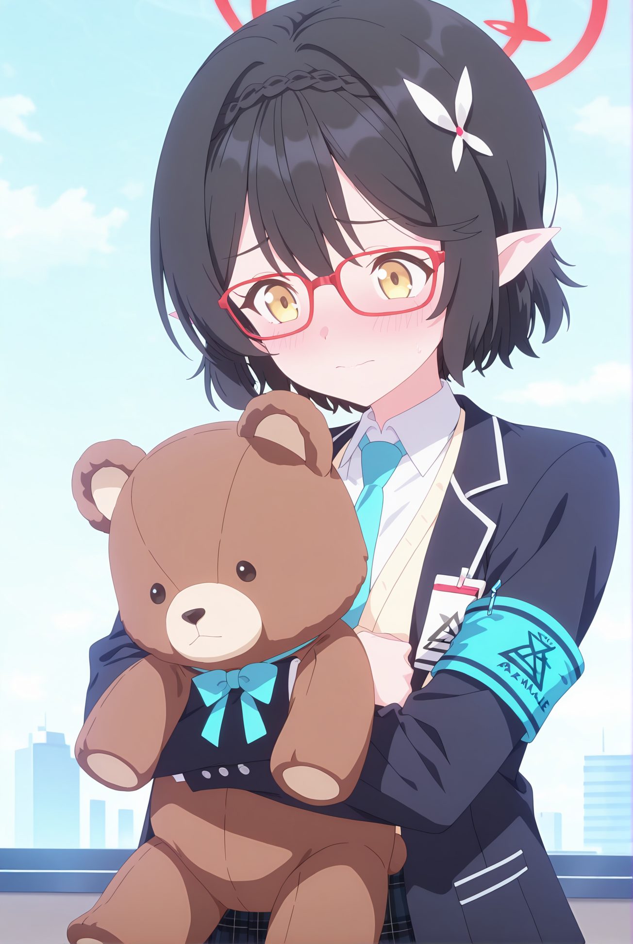 okusora ayane, general, sensitive, 1girl, solo, blush, short_hair, bangs, skirt, shirt, black_hair, hair_ornament, long_sleeves, holding, closed_mouth, school_uniform, jacket, yellow_eyes, white_shirt, flower, open_clothes, necktie, sky, glasses, pointy_ears, collared_shirt, hair_flower, open_jacket, black_jacket, plaid, halo, plaid_skirt, stuffed_toy, stuffed_animal, armband, red-framed_eyewear, teddy_bear, blue_necktie, holding_stuffed_toy, safety_pin, 赤面, 短い髪, 前髪, スカート, シャツ, 黒髪, 髪飾り, 口閉じ, 学校制服, 白シャツ, 衣服開く, 髪の花, 奥空アヤネ_posted, Posted