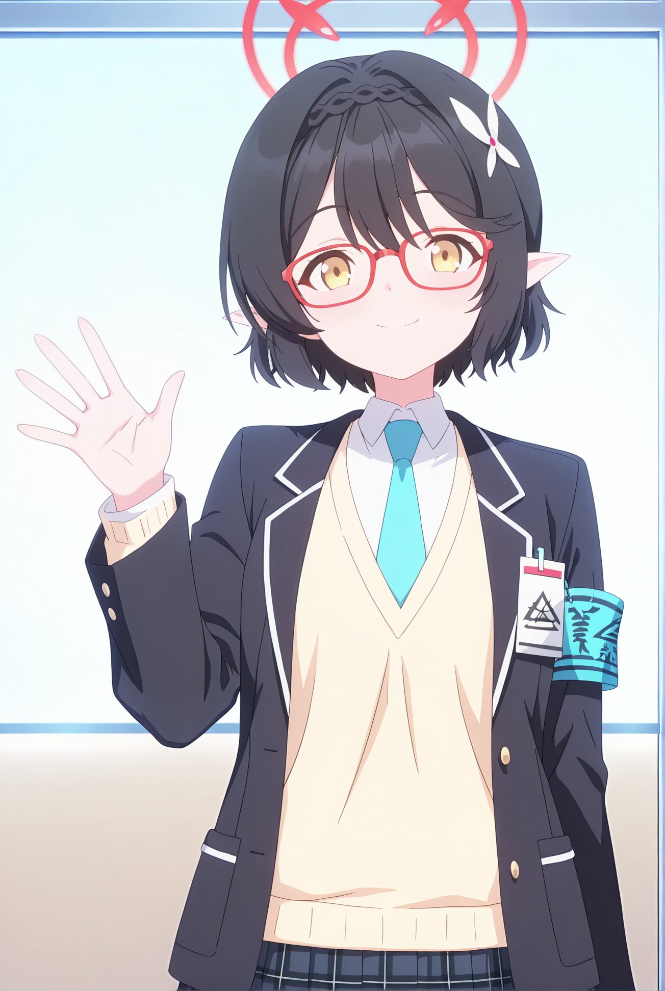 okusora ayane, general, sensitive, 1girl, solo, looking_at_viewer, smile, short_hair, bangs, skirt, shirt, black_hair, hair_ornament, long_sleeves, school_uniform, jacket, yellow_eyes, white_shirt, flower, pleated_skirt, open_clothes, necktie, glasses, pointy_ears, collared_shirt, hand_up, hair_flower, open_jacket, black_jacket, plaid, halo, plaid_skirt, blazer, armband, sweater_vest, red-framed_eyewear, blue_necktie, waving, id_card, 笑顔, 短い髪, 前髪, スカート, シャツ, 黒髪, 髪飾り, 学校制服, 白シャツ, 衣服開く, 髪の花, セーターベスト, 奥空アヤネ_posted, Posted