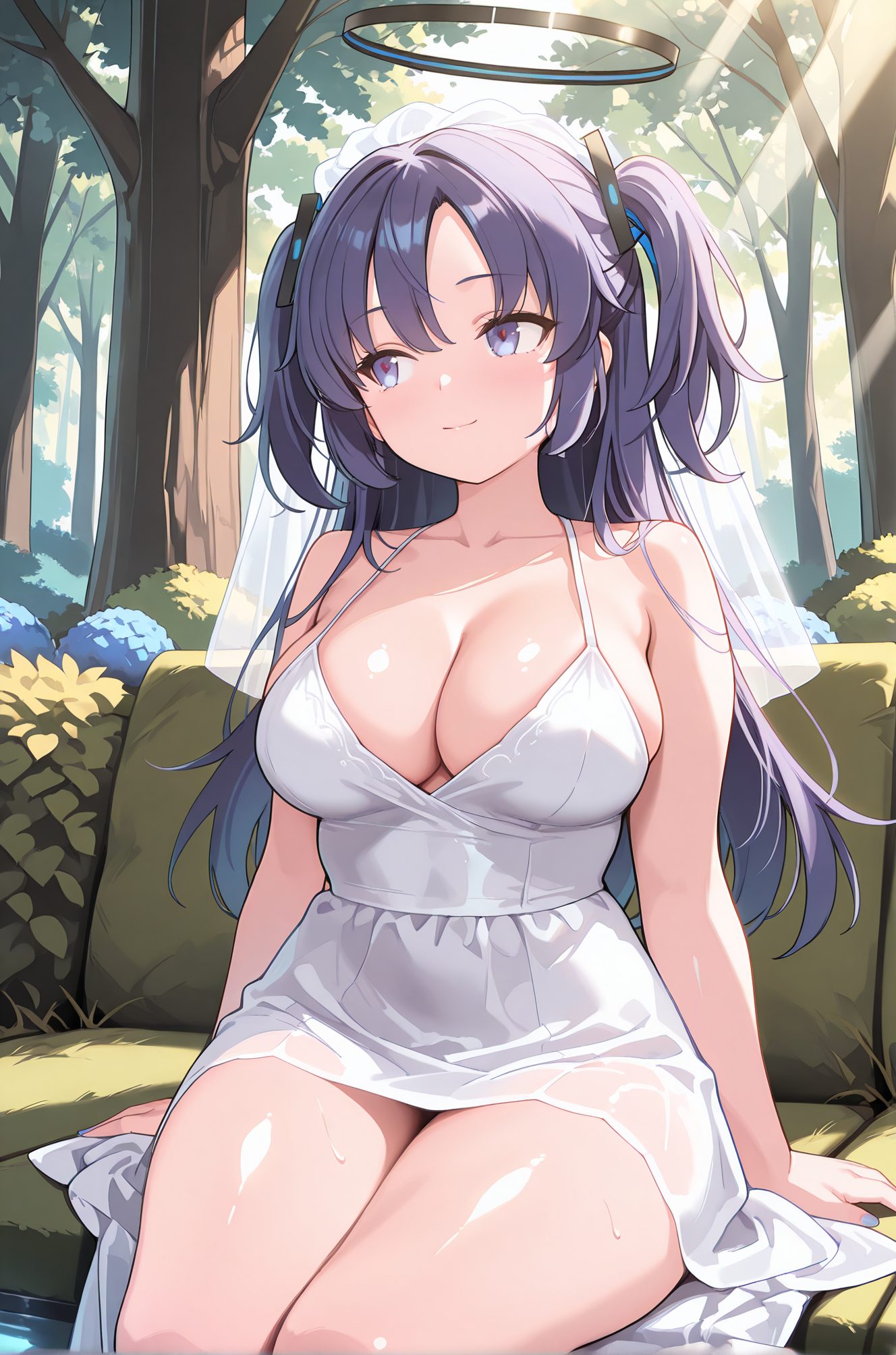 sensitive, 1girl, solo, long_hair, breasts, blush, smile, bangs, blue_eyes, large_breasts, dress, cleavage, bare_shoulders, sitting, closed_mouth, purple_eyes, collarbone, purple_hair, thighs, outdoors, sleeveless, alternate_costume, white_dress, two_side_up, tree, parted_bangs, looking_to_the_side, bare_arms, sleeveless_dress, halterneck, halo, looking_away, nature, couch, spaghetti_strap, yuuka_(blue_archive), 長い髪, 赤面, 笑顔, 前髪, 青い目, 大きな胸, 肩出し, 座り, 口閉じ, 鎖骨, 紫髪, 両側アップ, ユウカ（ブルーアーカイブ）