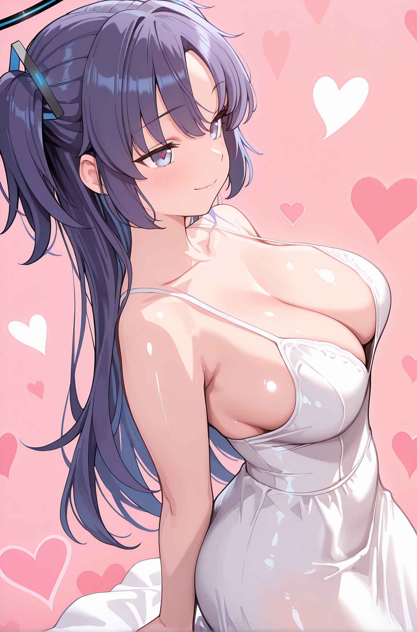 sensitive, 1girl, solo, long_hair, breasts, blush, smile, bangs, blue_eyes, large_breasts, dress, cleavage, bare_shoulders, closed_mouth, blue_hair, purple_eyes, collarbone, purple_hair, heart, sleeveless, white_dress, two_side_up, sleeveless_dress, halo, pink_background, spaghetti_strap, heart_background, yuuka_(blue_archive), 長い髪, 赤面, 笑顔, 前髪, 青い目, 大きな胸, 肩出し, 口閉じ, 青髪, 鎖骨, 紫髪, 両側アップ, ユウカ（ブルーアーカイブ）
