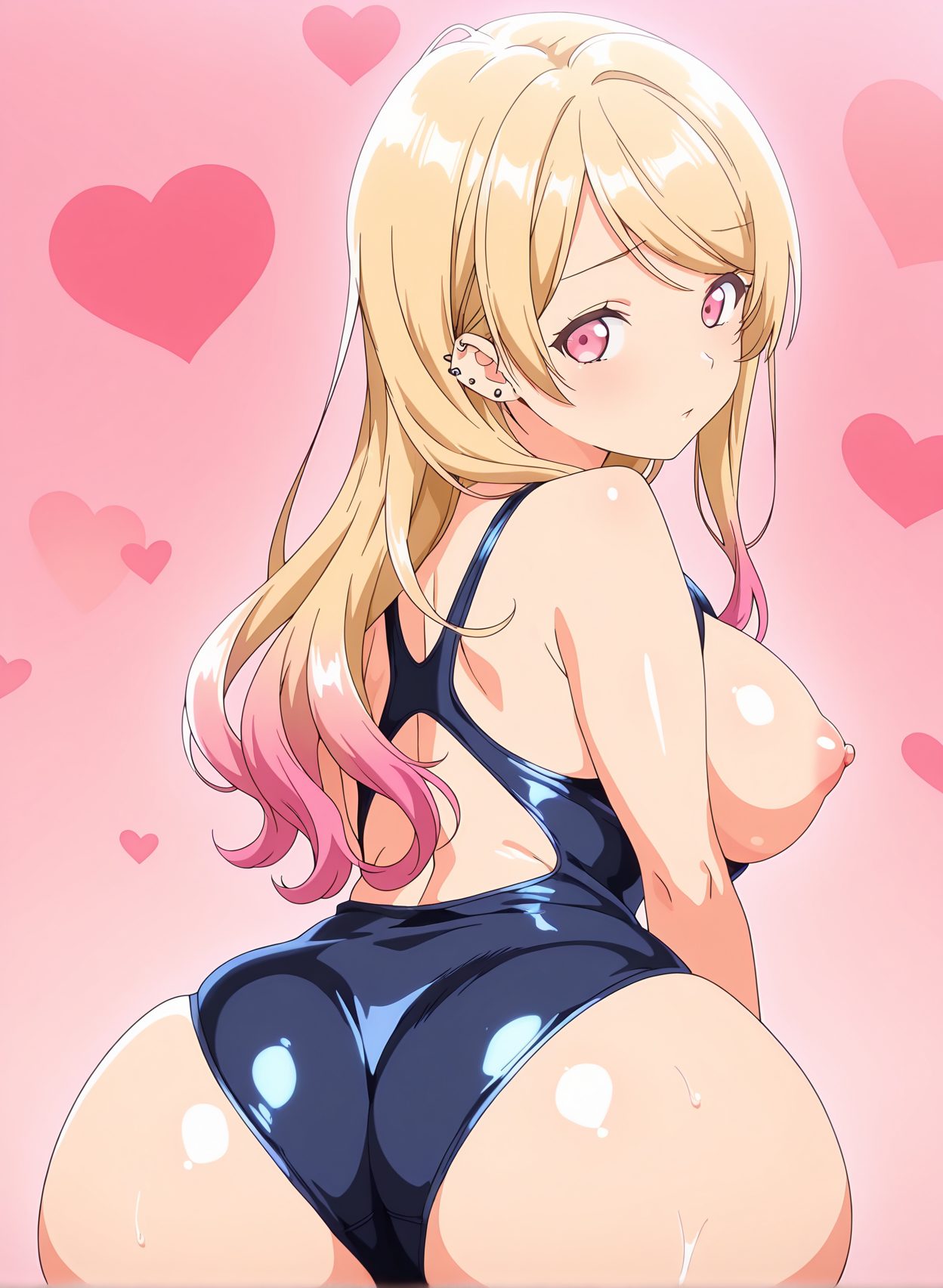 questionable, 1girl, solo, long_hair, breasts, looking_at_viewer, blush, bangs, blonde_hair, large_breasts, bare_shoulders, jewelry, sitting, closed_mouth, nipples, swimsuit, pink_hair, ass, heart, multicolored_hair, earrings, shiny, looking_back, pink_eyes, from_behind, gradient, one-piece_swimsuit, shiny_skin, gradient_hair, back, piercing, pink_background, breasts_out, ear_piercing, competition_swimsuit, blue_one-piece_swimsuit, back_cutout, kitagawa_marin, 赤面, 乳首, 尻, 水着, 巨乳, 背中, ぱっつん, ワンピース, 喜多川海夢, その着せ替え人形は恋をする, 長い髪, 前髪, 金髪, 大きな胸, 肩出し, ジュエリー, 座り, 口閉じ, ピンク髪, 多色髪, イヤリング, 光沢, ワンピース水着, 光沢肌, 胸出し, 競泳水着