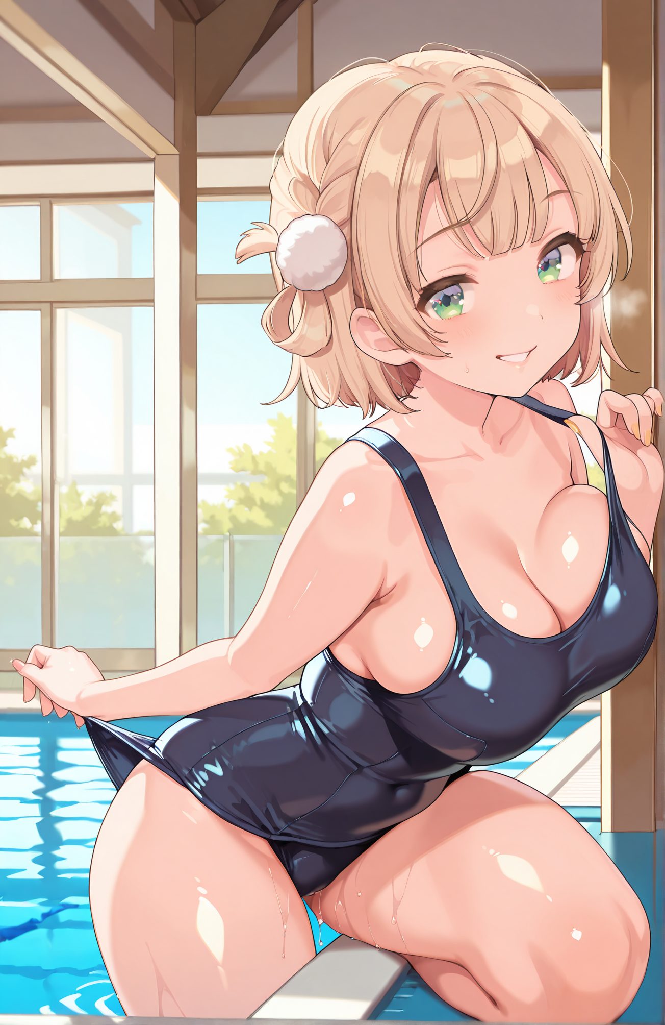 sensitive, 1girl, solo, breasts, looking_at_viewer, blush, smile, short_hair, bangs, blonde_hair, large_breasts, hair_ornament, cleavage, green_eyes, collarbone, swimsuit, braid, thighs, indoors, virtual_youtuber, grin, wet, one-piece_swimsuit, clothes_pull, school_swimsuit, light_brown_hair, pom_pom_(clothes), hair_rings, alternate_breast_size, adjusting_clothes, black_one-piece_swimsuit, pool, pulled_by_self, one-piece_swimsuit_pull, adjusting_swimsuit, pom_pom_hair_ornament, 赤面, 笑顔, 短い髪, 前髪, 金髪, 大きな胸, 髪飾り, 緑の目, 鎖骨, 水着, バーチャルYouTuber, ワンピース水着, 学校水着, しぐれうい