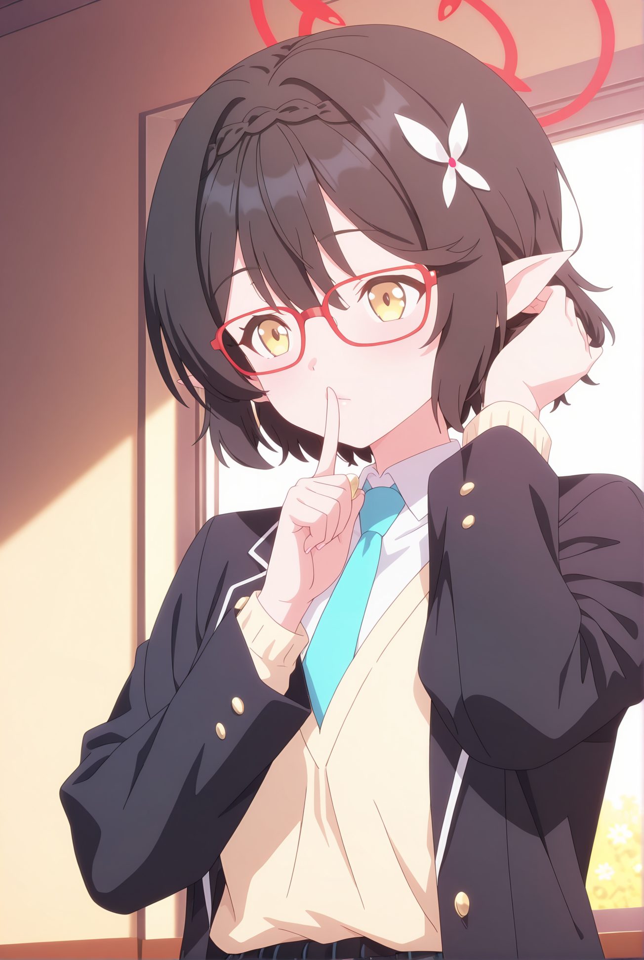 okusora ayane, general, sensitive, 1girl, solo, looking_at_viewer, blush, short_hair, bangs, brown_hair, shirt, black_hair, hair_ornament, long_sleeves, school_uniform, jacket, yellow_eyes, white_shirt, upper_body, braid, open_clothes, necktie, glasses, pointy_ears, collared_shirt, belt, indoors, open_jacket, black_jacket, halo, blazer, index_finger_raised, finger_to_mouth, sweater_vest, red-framed_eyewear, blue_necktie, shushing, 赤面, 短い髪, 前髪, 茶髪, シャツ, 黒髪, 髪飾り, 学校制服, 白シャツ, 衣服開く, セーターベスト, 奥空アヤネ_posted, Posted