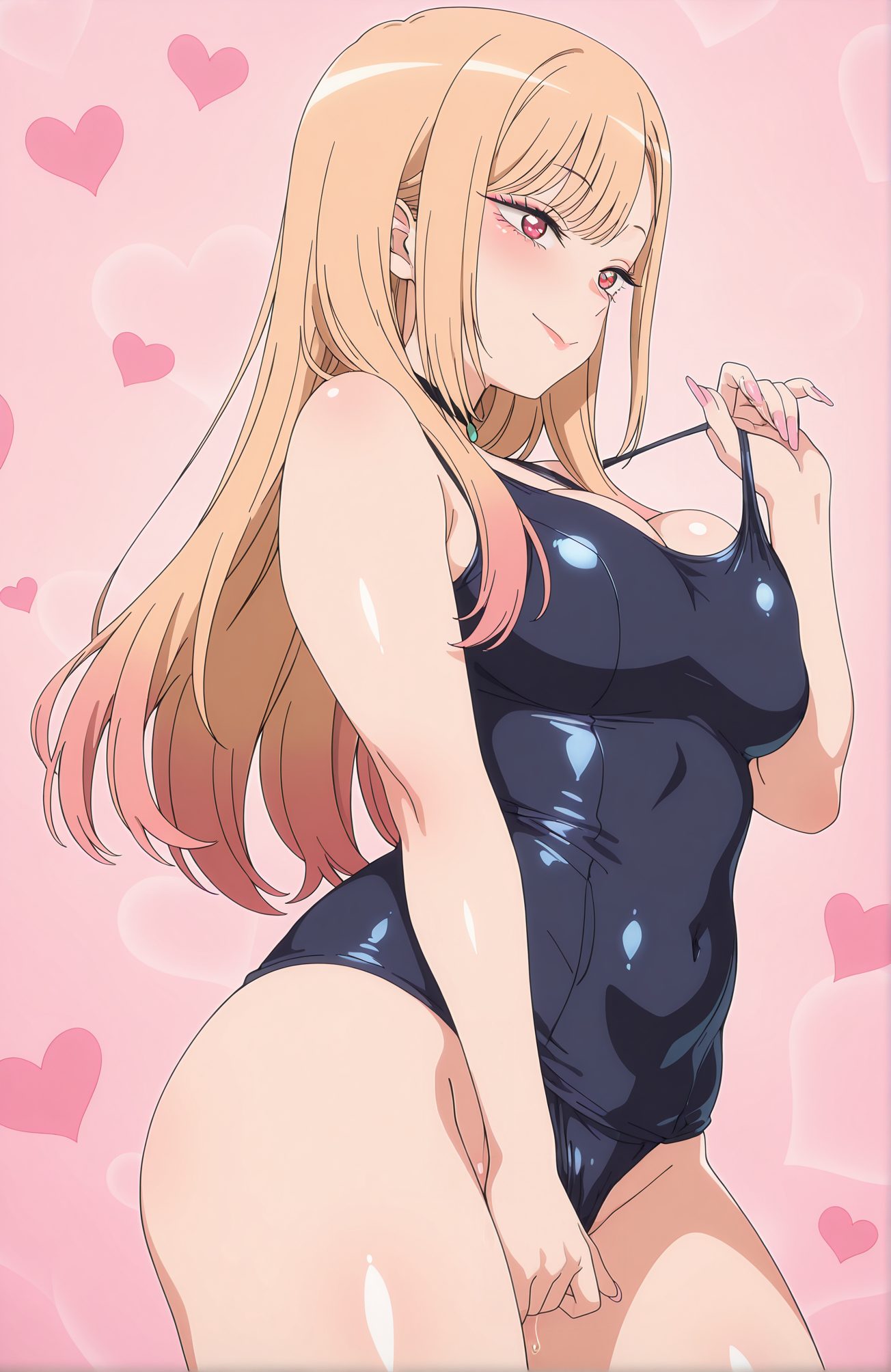 sensitive, 1girl, solo, long_hair, breasts, blush, smile, bangs, blonde_hair, large_breasts, red_eyes, jewelry, closed_mouth, swimsuit, heart, thighs, multicolored_hair, cowboy_shot, choker, shiny, one-piece_swimsuit, shiny_skin, symbol-shaped_pupils, covered_navel, gradient_hair, black_choker, pink_background, school_swimsuit, pink_nails, blue_one-piece_swimsuit, gyaru, kitagawa_marin, 長い髪, 赤面, 笑顔, 前髪, 金髪, 大きな胸, 赤い目, ジュエリー, 口閉じ, 水着, 多色髪, チョーカー, 光沢, ワンピース水着, 光沢肌, 黒チョーカー, 学校水着, 喜多川海夢