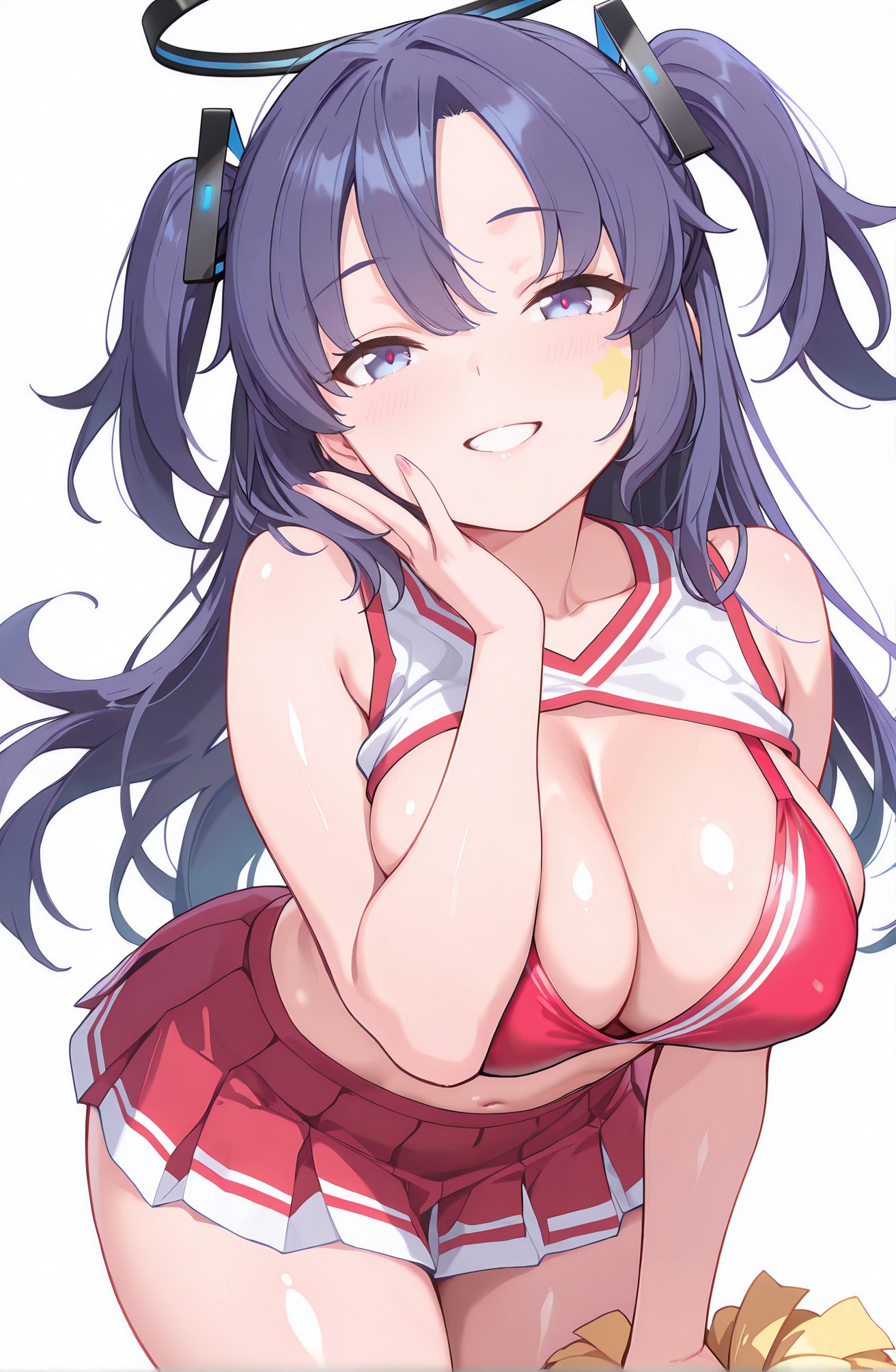 sensitive, 1girl, solo, long_hair, breasts, looking_at_viewer, blush, smile, bangs, blue_eyes, skirt, large_breasts, simple_background, shirt, white_background, navel, holding, cleavage, bare_shoulders, purple_eyes, swimsuit, purple_hair, bikini, cowboy_shot, pleated_skirt, sleeveless, midriff, miniskirt, stomach, star_(symbol), grin, two_side_up, sleeveless_shirt, leaning_forward, red_skirt, halo, facial_mark, bikini_top_only, hand_on_own_face, red_bikini, hand_on_own_cheek, cheerleader, pom_pom_(cheerleading), holding_pom_poms, yuuka_(blue_archive), 長い髪, 赤面, 笑顔, 前髪, 青い目, スカート, 大きな胸, シャツ, 肩出し, 水着, 紫髪, ビキニ, ミニスカート, 両側アップ, ユウカ（ブルーアーカイブ）