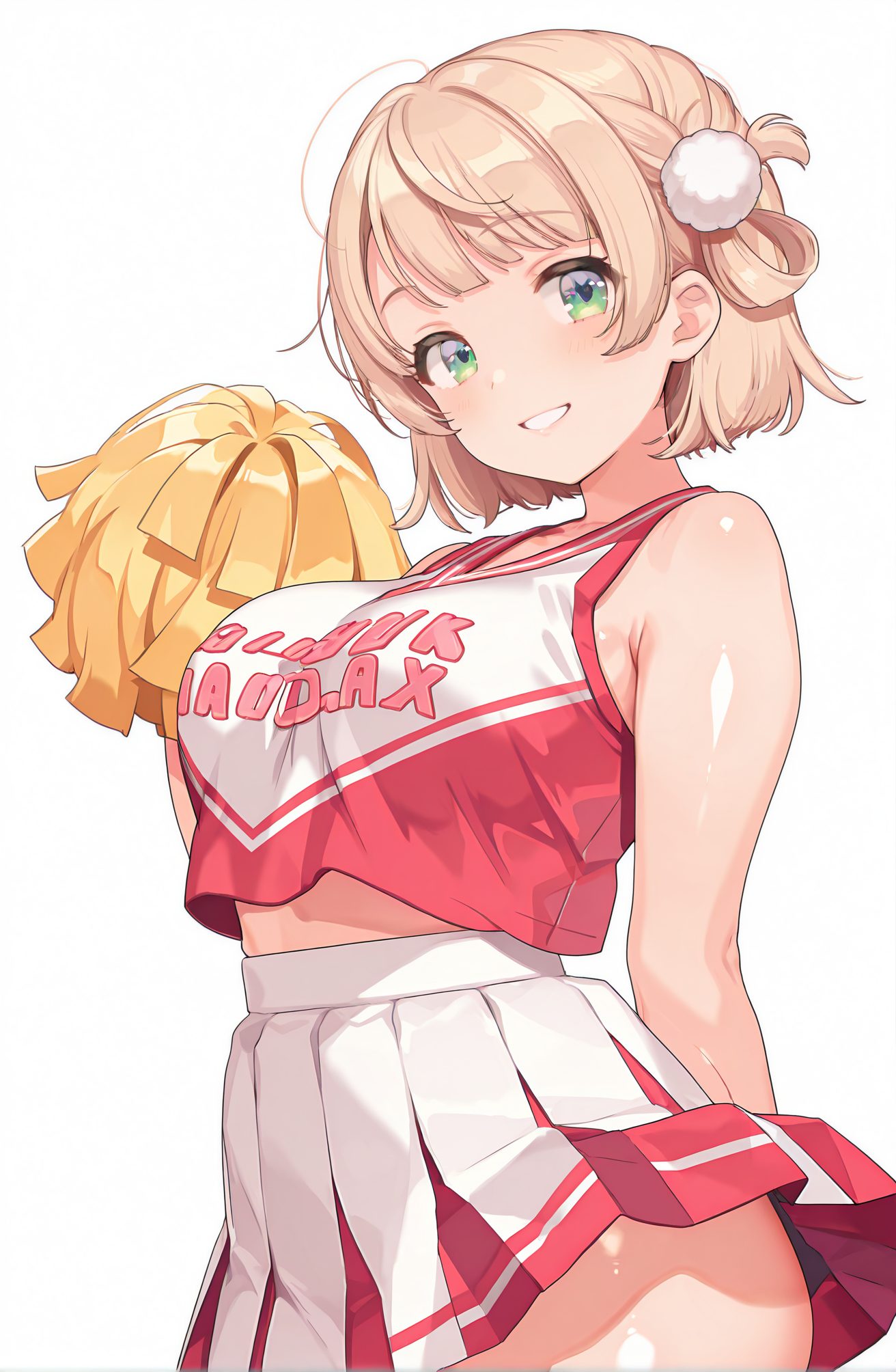 sensitive, 1girl, solo, breasts, looking_at_viewer, blush, smile, short_hair, bangs, skirt, blonde_hair, large_breasts, simple_background, shirt, hair_ornament, white_background, green_eyes, pleated_skirt, sleeveless, virtual_youtuber, grin, crop_top, sleeveless_shirt, light_brown_hair, pom_pom_(clothes), hair_rings, cheerleader, pom_pom_(cheerleading), crop_top_overhang, holding_pom_poms, pom_pom_hair_ornament, 赤面, 笑顔, 短い髪, 前髪, スカート, 金髪, 大きな胸, シャツ, 髪飾り, 緑の目, バーチャルYouTuber, クロップトップ, しぐれうい