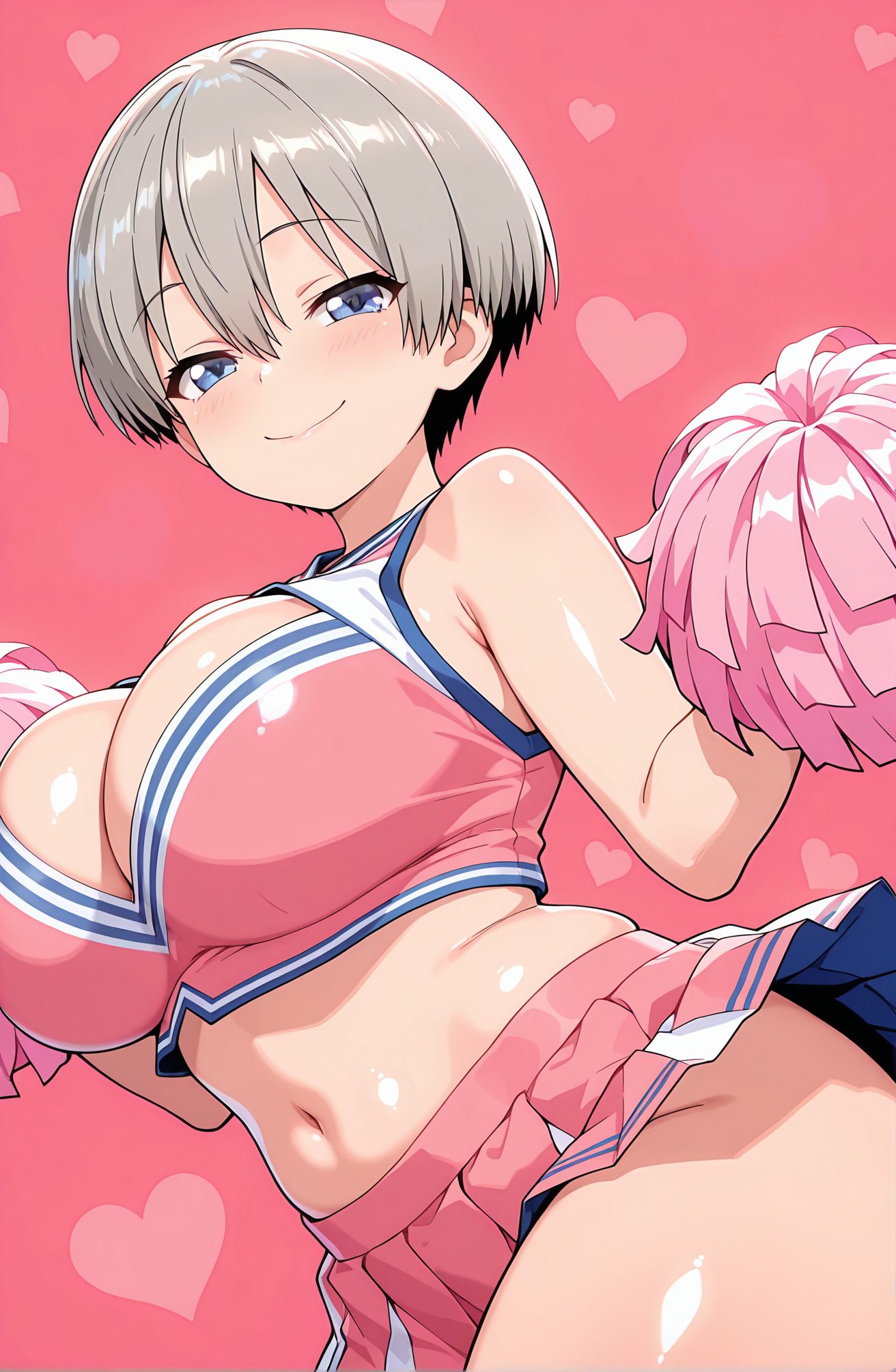 sensitive, 1girl, solo, breasts, looking_at_viewer, blush, smile, short_hair, bangs, blue_eyes, skirt, large_breasts, shirt, navel, cleavage, hair_between_eyes, bare_shoulders, closed_mouth, grey_hair, heart, thighs, pleated_skirt, sleeveless, midriff, shiny, miniskirt, crop_top, shiny_skin, pink_background, pink_skirt, cheerleader, pom_pom_(cheerleading), uzaki_hana, 赤面, 笑顔, 短い髪, 前髪, 青い目, スカート, 大きな胸, シャツ, 目にかかる髪, 肩出し, 口閉じ, 灰髪, 光沢, ミニスカート, クロップトップ, 光沢肌, 宇崎花, ok