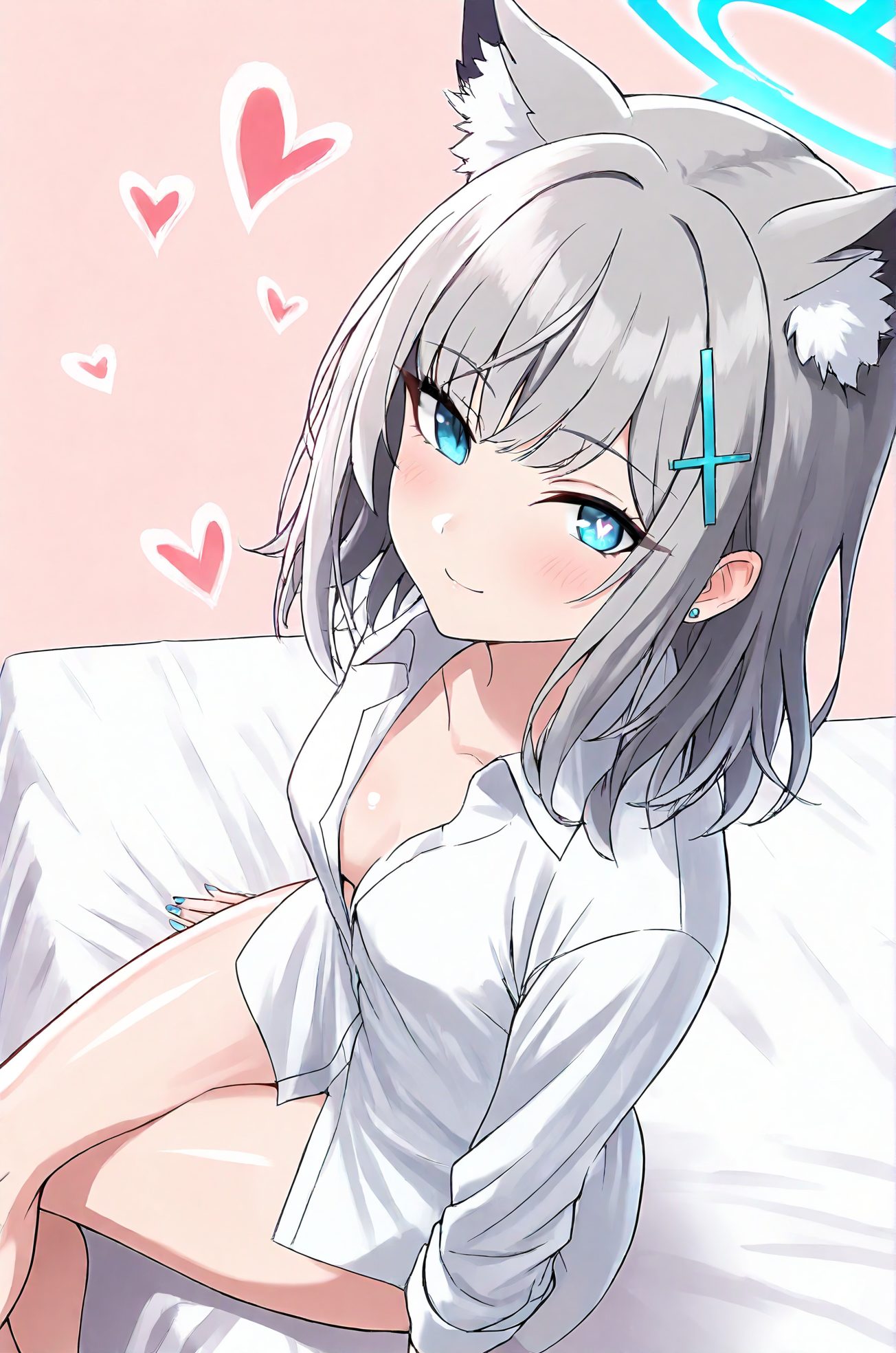 白狼シロコが微笑むAIイラスト