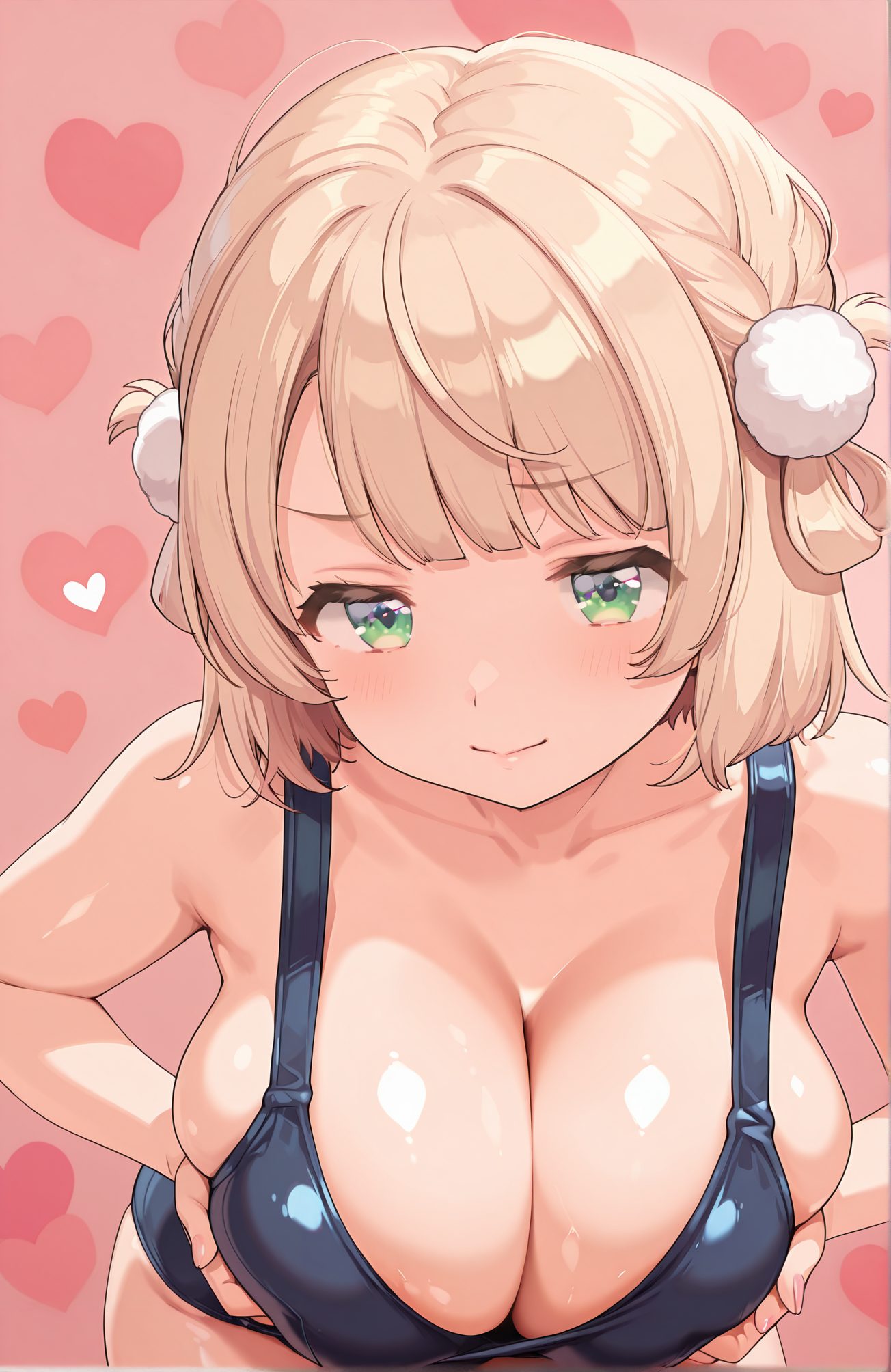 sensitive, questionable, 1girl, solo, breasts, looking_at_viewer, blush, smile, short_hair, bangs, blonde_hair, large_breasts, simple_background, hair_ornament, cleavage, closed_mouth, green_eyes, collarbone, swimsuit, braid, heart, virtual_youtuber, leaning_forward, pink_background, light_brown_hair, pom_pom_(clothes), french_braid, hair_rings, alternate_breast_size, breasts_squeezed_together, pom_pom_hair_ornament, 赤面, 笑顔, 短い髪, 前髪, 金髪, 大きな胸, 髪飾り, 口閉じ, 緑の目, 鎖骨, 水着, バーチャルYouTuber, しぐれうい