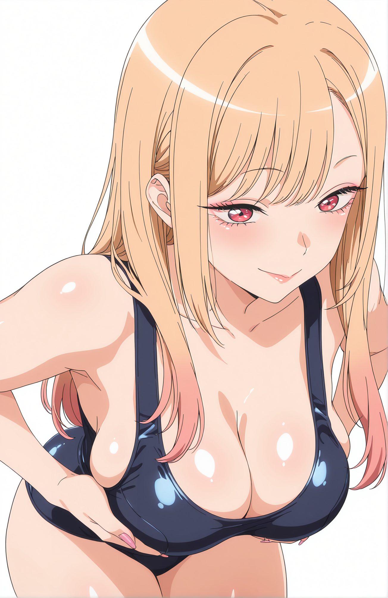 sensitive, 1girl, solo, long_hair, breasts, looking_at_viewer, blush, smile, bangs, blonde_hair, large_breasts, simple_background, red_eyes, white_background, cleavage, closed_mouth, collarbone, swimsuit, pink_hair, multicolored_hair, shiny, one-piece_swimsuit, gradient_hair, makeup, leaning_forward, school_swimsuit, pink_nails, black_one-piece_swimsuit, kitagawa_marin, 長い髪, 赤面, 笑顔, 前髪, 金髪, 大きな胸, 赤い目, 口閉じ, 鎖骨, 水着, ピンク髪, 多色髪, 光沢, ワンピース水着, 学校水着, 喜多川海夢