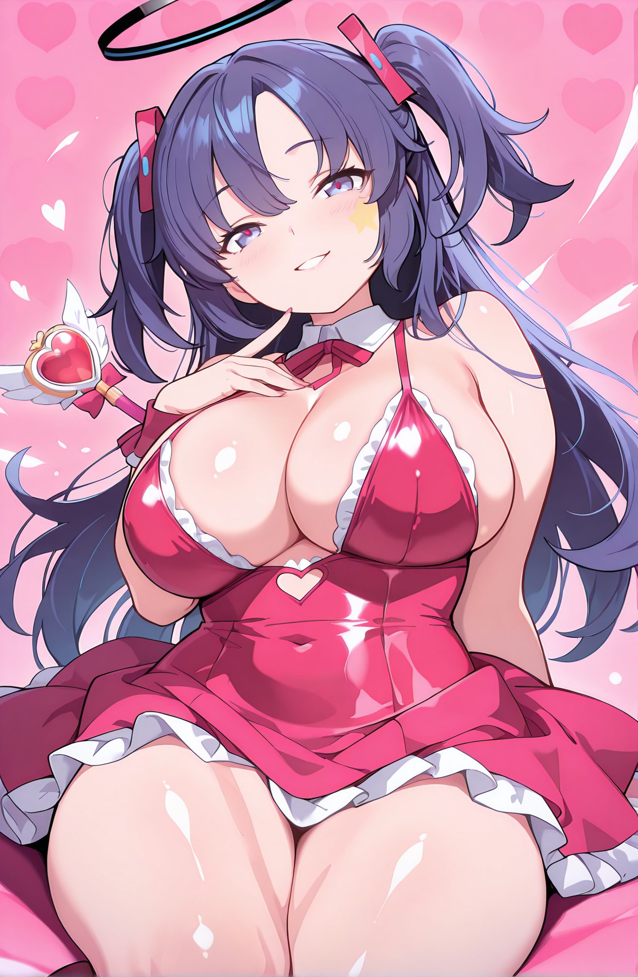 sensitive, 1girl, solo, long_hair, breasts, looking_at_viewer, blush, smile, bangs, blue_eyes, large_breasts, dress, ribbon, cleavage, bare_shoulders, sitting, purple_eyes, purple_hair, heart, thighs, frills, parted_lips, star_(symbol), grin, red_ribbon, two_side_up, covered_navel, neck_ribbon, detached_collar, halo, red_dress, pink_background, frilled_dress, pink_dress, wand, holding_wand, yuuka_(blue_archive), 長い髪, 赤面, 笑顔, 前髪, 青い目, 大きな胸, リボン, 肩出し, 座り, 紫髪, 赤リボン, 両側アップ, ユウカ（ブルーアーカイブ）
