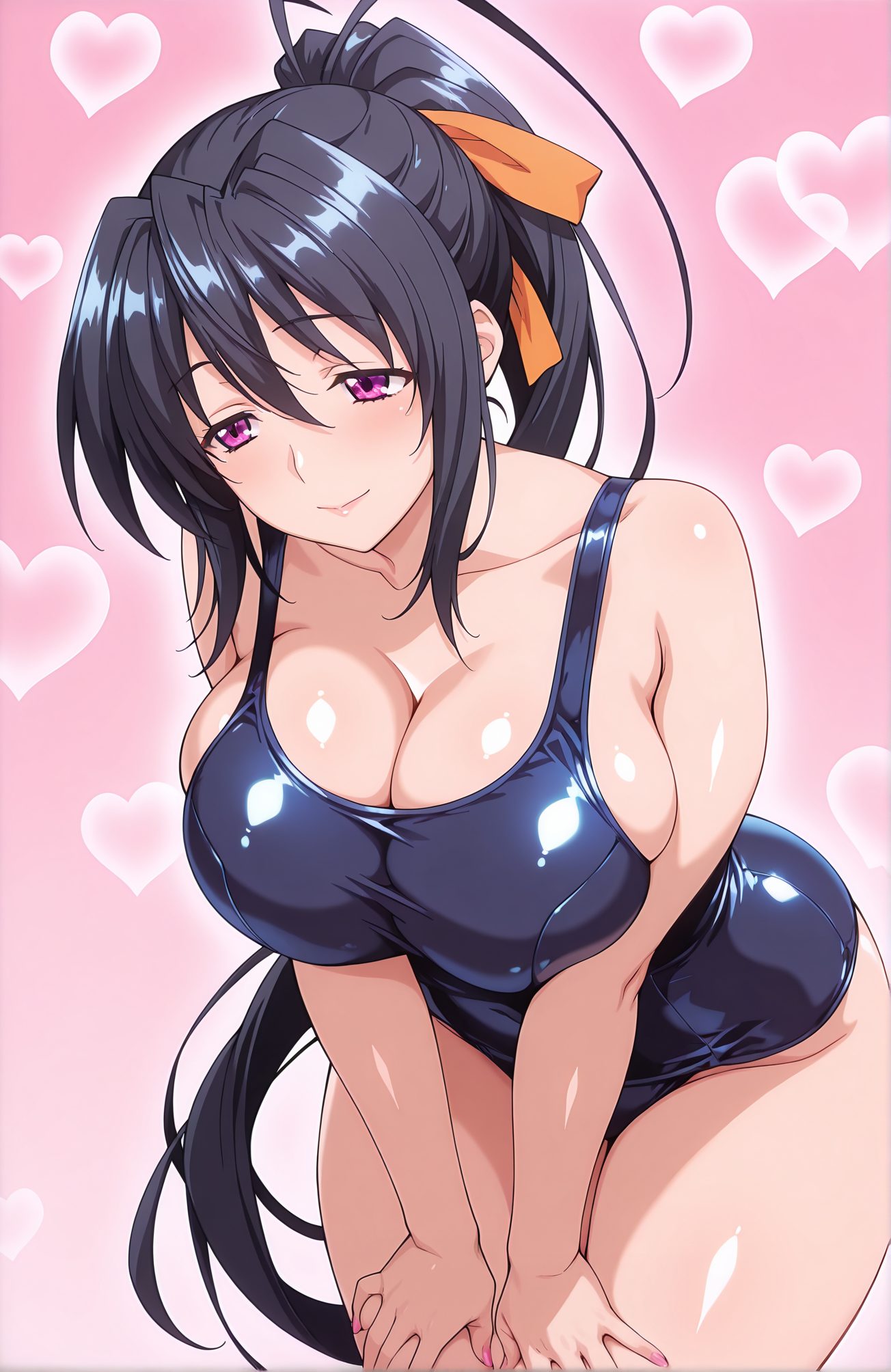 sensitive, 1girl, solo, long_hair, breasts, blush, smile, bangs, large_breasts, black_hair, ribbon, cleavage, hair_between_eyes, bare_shoulders, very_long_hair, closed_mouth, purple_eyes, collarbone, swimsuit, hair_ribbon, ponytail, heart, thighs, shiny, one-piece_swimsuit, shiny_skin, leaning_forward, pink_background, school_swimsuit, pink_nails, shiny_clothes, blue_one-piece_swimsuit, heart_background, orange_ribbon, himejima_akeno, 長い髪, 赤面, 笑顔, 前髪, 大きな胸, 黒髪, リボン, 目にかかる髪, 肩出し, とても長い髪, 口閉じ, 鎖骨, 水着, 髪リボン, ポニーテール, 光沢, ワンピース水着, 光沢肌, 学校水着, 姫島朱乃