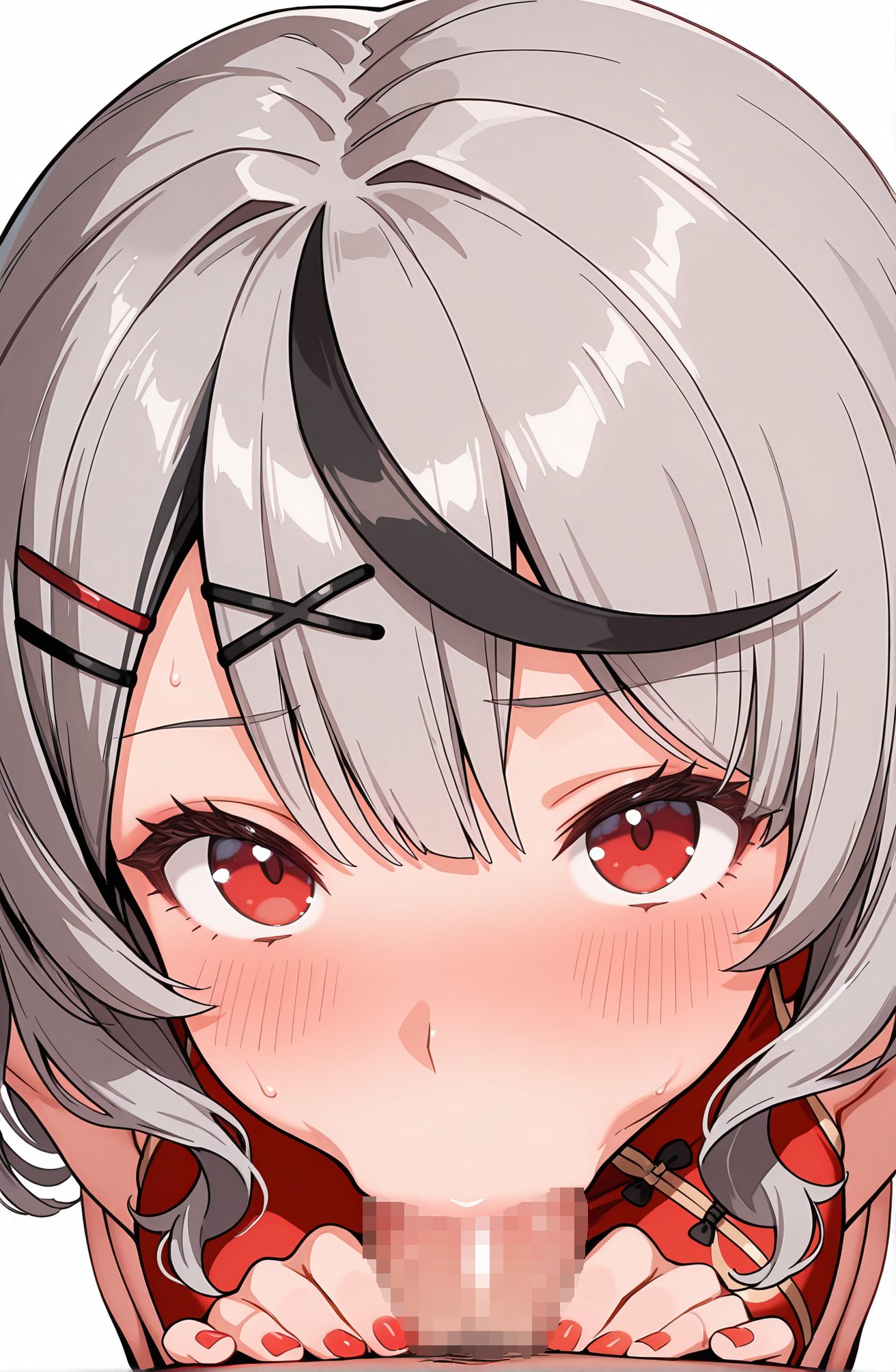 explicit, 1girl, breasts, looking_at_viewer, blush, bangs, simple_background, black_hair, hair_ornament, red_eyes, 1boy, white_background, dress, hetero, grey_hair, multicolored_hair, sweat, penis, solo_focus, hairclip, virtual_youtuber, nail_polish, streaked_hair, fingernails, pubic_hair, uncensored, pov, from_above, chinese_clothes, red_dress, oral, looking_up, x_hair_ornament, fellatio, china_dress, male_pubic_hair, red_nails, :>=, sakamata_chloe, 赤面, 前髪, 黒髪, 髪飾り, 赤い目, 灰髪, 多色髪, 汗, ヘアクリップ, バーチャルYouTuber, 無修正, オーラル, フェラチオ, 沙花叉クロヱ” class=”wp-image-8979″/>
</figure>
<hr class=