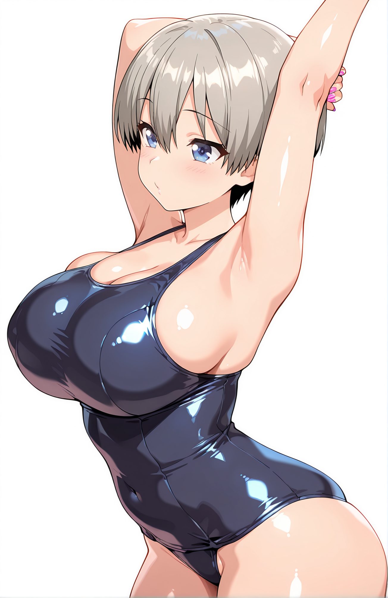 sensitive, 1girl, solo, breasts, blush, short_hair, bangs, blue_eyes, large_breasts, simple_background, white_background, cleavage, hair_between_eyes, closed_mouth, collarbone, swimsuit, grey_hair, cowboy_shot, shiny, armpits, shiny_hair, arms_up, one-piece_swimsuit, shiny_skin, sideboob, covered_navel, skindentation, school_swimsuit, pink_nails, shiny_clothes, blue_one-piece_swimsuit, black_one-piece_swimsuit, stretching, uzaki_hana, 赤面, 短い髪, 前髪, 青い目, 大きな胸, 目にかかる髪, 口閉じ, 鎖骨, 水着, 灰髪, 光沢, ワンピース水着, 光沢肌, 学校水着, 宇崎花, 宇崎花_posted