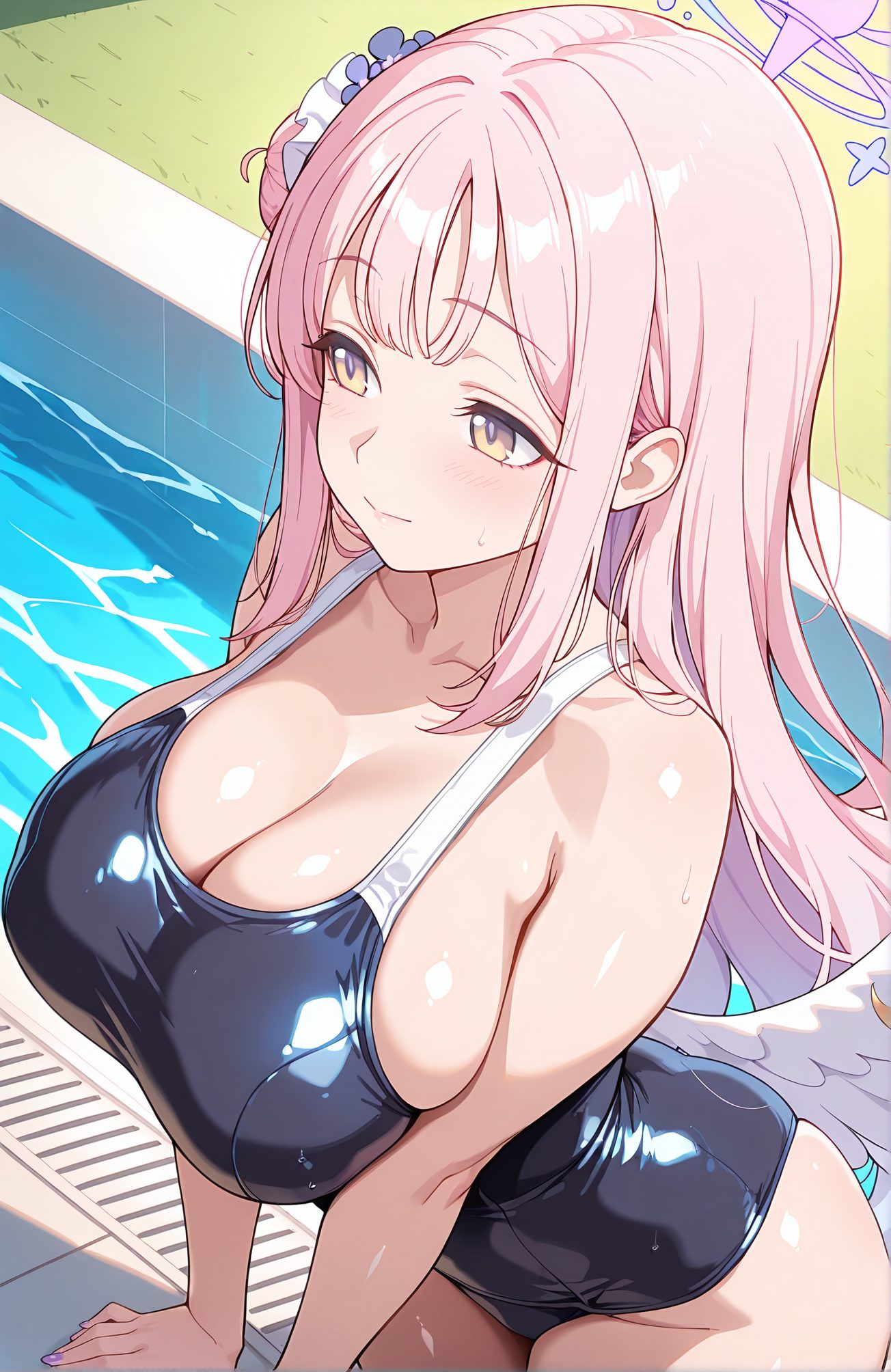 sensitive, 1girl, solo, long_hair, breasts, blush, bangs, large_breasts, hair_ornament, cleavage, bare_shoulders, closed_mouth, collarbone, swimsuit, yellow_eyes, pink_hair, sidelocks, thighs, wings, shiny, water, hair_bun, huge_breasts, wet, one-piece_swimsuit, shiny_skin, bare_arms, skindentation, leaning_forward, halo, looking_away, scrunchie, school_swimsuit, feathered_wings, hair_scrunchie, shiny_clothes, angel_wings, blue_one-piece_swimsuit, white_wings, taut_clothes, pool, single_side_bun, low_wings, poolside, wet_swimsuit, caustics, mika_(blue_archive), 長い髪, 赤面, 前髪, 大きな胸, 髪飾り, 肩出し, 口閉じ, 鎖骨, 水着, ピンク髪, サイドロック, 光沢, 髪団子, 巨大な胸, ワンピース水着, 光沢肌, 学校水着, ヘアシュシュ, ミカ（ブルーアーカイブ）