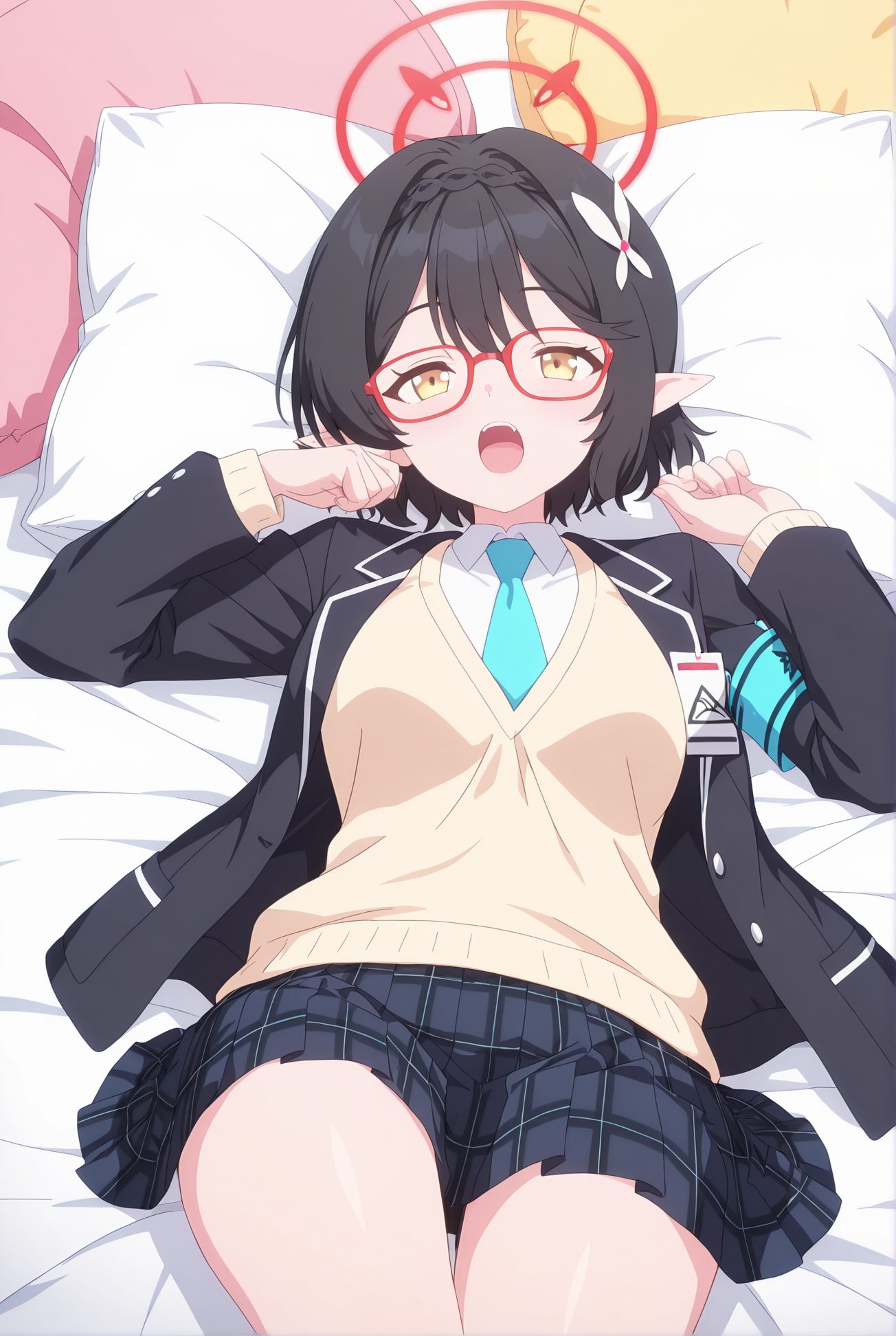 okusora ayane, sensitive, 1girl, solo, breasts, looking_at_viewer, short_hair, open_mouth, bangs, skirt, shirt, black_hair, hair_ornament, long_sleeves, school_uniform, jacket, yellow_eyes, white_shirt, braid, flower, pleated_skirt, lying, open_clothes, necktie, glasses, pointy_ears, fang, collared_shirt, hair_flower, miniskirt, on_back, open_jacket, black_jacket, pillow, plaid, on_bed, halo, plaid_skirt, blazer, cardigan, armband, sweater_vest, red-framed_eyewear, blue_necktie, 短い髪, 口開き, 前髪, スカート, シャツ, 黒髪, 髪飾り, 学校制服, 白シャツ, 横たわり, 衣服開く, 髪の花, ミニスカート, 仰向け, セーターベスト, 奥空アヤネ_posted, Posted