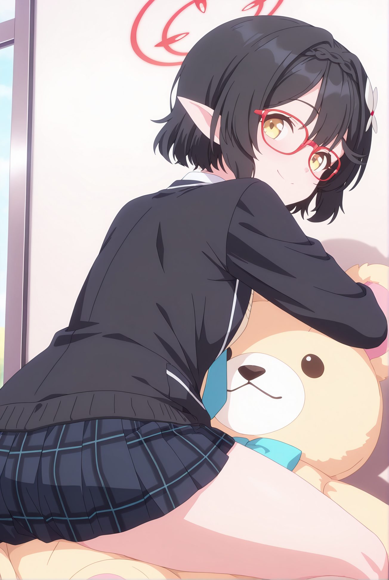 okusora ayane, sensitive, 1girl, solo, looking_at_viewer, smile, short_hair, bangs, skirt, black_hair, hair_ornament, long_sleeves, sitting, school_uniform, jacket, yellow_eyes, braid, pleated_skirt, glasses, pointy_ears, black_jacket, plaid, halo, plaid_skirt, stuffed_toy, stuffed_animal, red-framed_eyewear, teddy_bear, 笑顔, 短い髪, 前髪, スカート, 黒髪, 髪飾り, 座り, 学校制服, 奥空アヤネ_posted, Posted