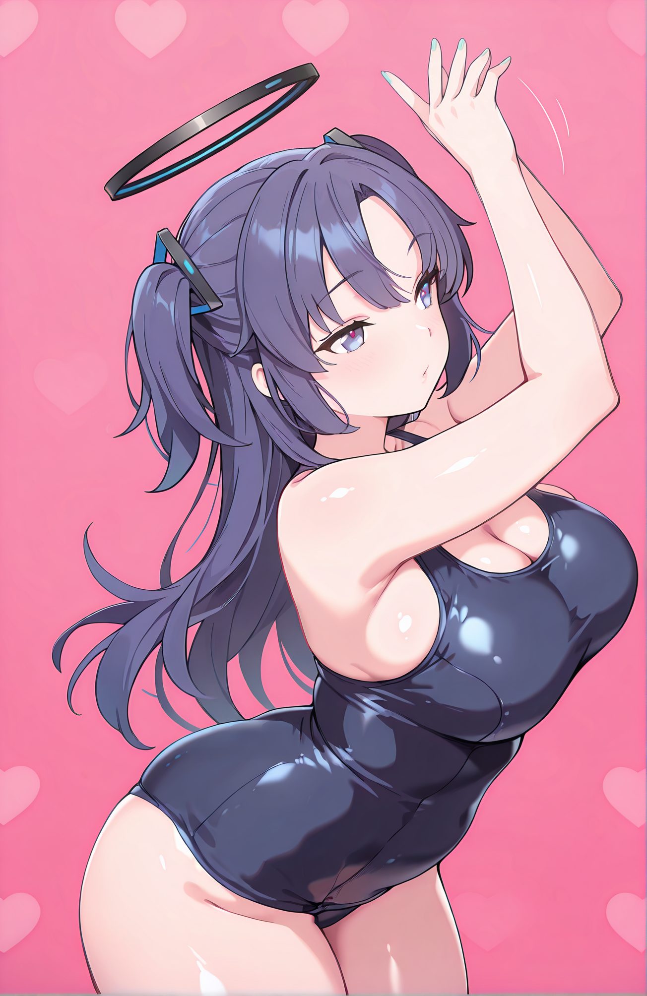 sensitive, 1girl, solo, long_hair, breasts, blush, bangs, blue_eyes, large_breasts, simple_background, cleavage, bare_shoulders, closed_mouth, purple_eyes, swimsuit, purple_hair, heart, thighs, cowboy_shot, arms_up, two_side_up, one-piece_swimsuit, parted_bangs, covered_navel, skindentation, leaning_forward, halo, pink_background, school_swimsuit, black_one-piece_swimsuit, old_school_swimsuit, heart_background, yuuka_(blue_archive), 長い髪, 赤面, 前髪, 青い目, 大きな胸, 肩出し, 口閉じ, 水着, 紫髪, 両側アップ, ワンピース水着, 学校水着, 旧スクール水着, ユウカ（ブルーアーカイブ）