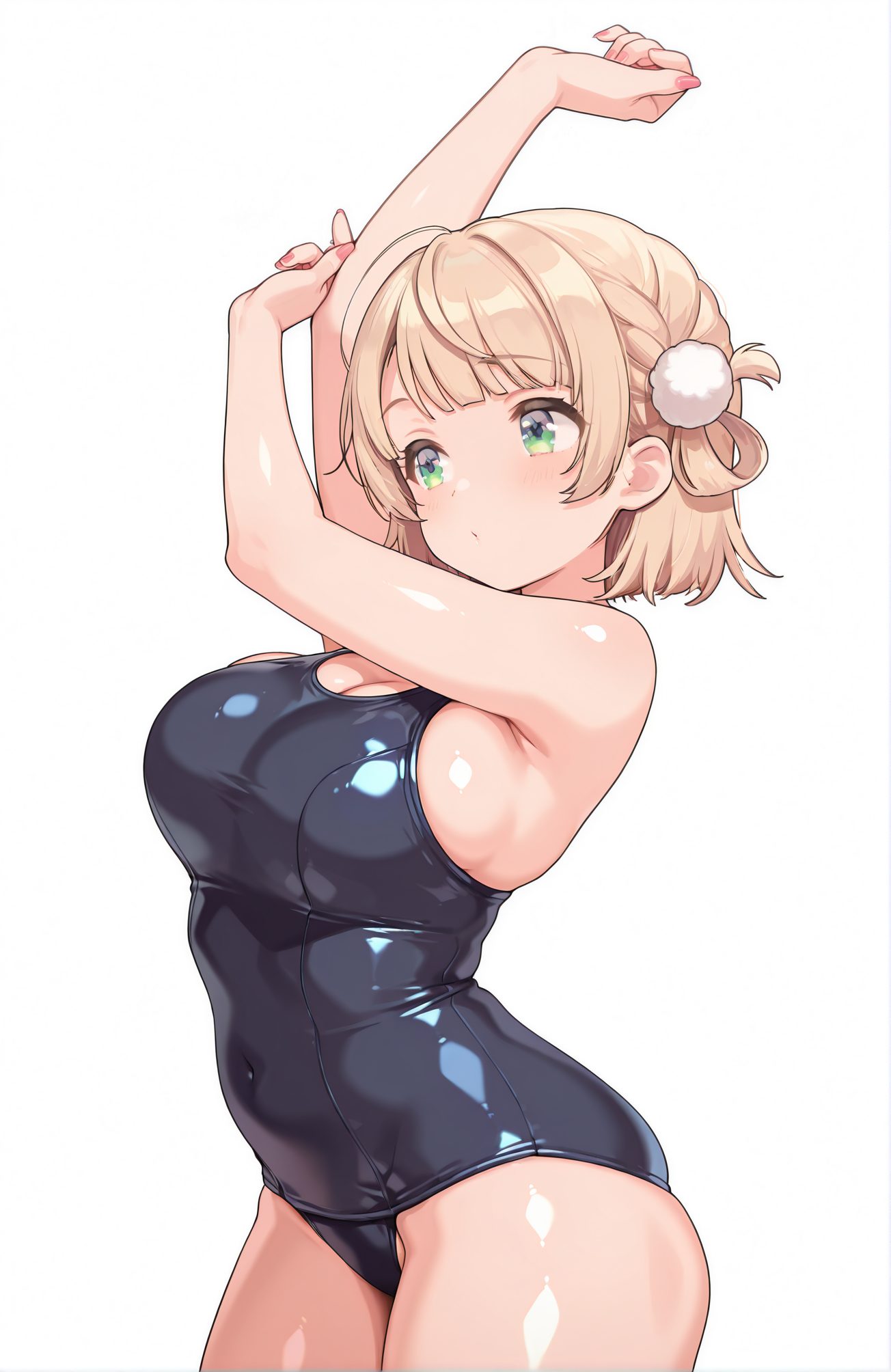 sensitive, 1girl, solo, breasts, blush, short_hair, bangs, blonde_hair, large_breasts, simple_background, hair_ornament, white_background, cleavage, closed_mouth, green_eyes, swimsuit, braid, cowboy_shot, virtual_youtuber, arms_up, one-piece_swimsuit, covered_navel, skindentation, school_swimsuit, light_brown_hair, pom_pom_(clothes), hair_rings, shiny_clothes, blue_one-piece_swimsuit, black_one-piece_swimsuit, stretching, pom_pom_hair_ornament, 赤面, 短い髪, 前髪, 金髪, 大きな胸, 髪飾り, 口閉じ, 緑の目, 水着, バーチャルYouTuber, ワンピース水着, 学校水着, しぐれうい