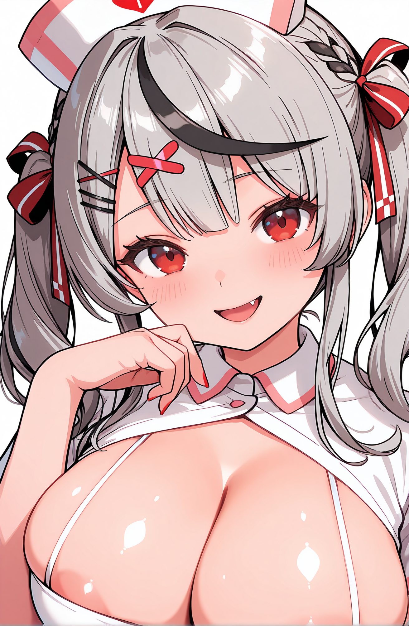 questionable, 1girl, solo, long_hair, breasts, looking_at_viewer, blush, smile, open_mouth, bangs, large_breasts, simple_background, black_hair, hair_ornament, red_eyes, hat, white_background, bow, ribbon, cleavage, twintails, hair_ribbon, upper_body, braid, short_sleeves, :d, grey_hair, multicolored_hair, hairclip, fang, shiny, virtual_youtuber, streaked_hair, shiny_skin, white_headwear, x_hair_ornament, red_nails, areola_slip, nurse_cap, nurse, sakamata_chloe, 長い髪, 赤面, 笑顔, 口開き, 前髪, 大きな胸, 黒髪, 髪飾り, 赤い目, 帽子, ボウ, リボン, ツインテール, 髪リボン, 灰髪, 多色髪, ヘアクリップ, 光沢, バーチャルYouTuber, 光沢肌, 白頭飾, 沙花叉クロヱ