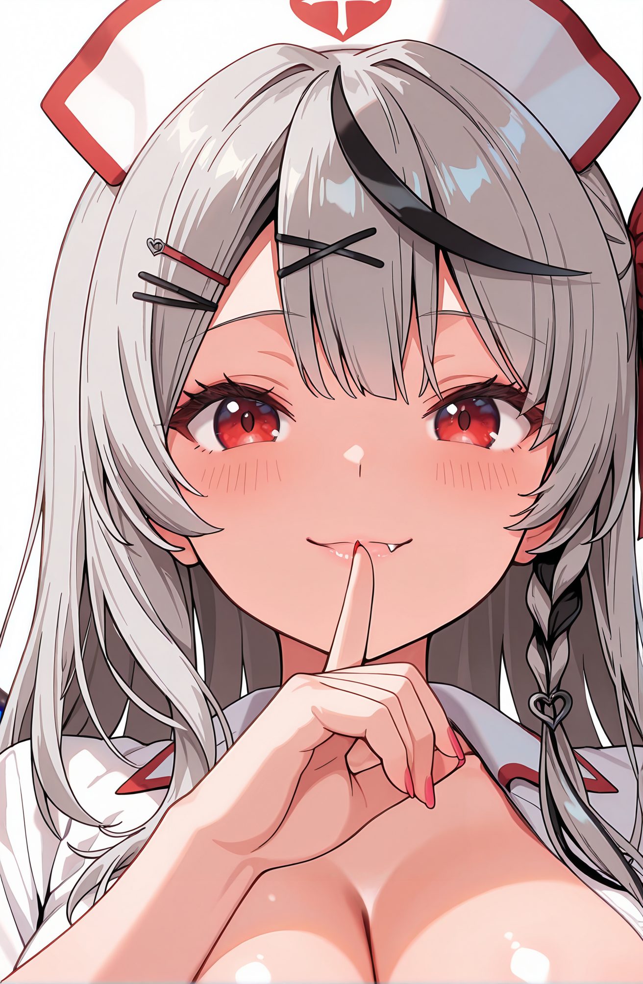 sensitive, 1girl, solo, long_hair, breasts, looking_at_viewer, blush, smile, bangs, large_breasts, simple_background, shirt, black_hair, hair_ornament, red_eyes, hat, white_background, cleavage, closed_mouth, braid, grey_hair, heart, multicolored_hair, hairclip, fang, virtual_youtuber, nail_polish, streaked_hair, white_headwear, x_hair_ornament, portrait, red_nails, finger_to_mouth, nurse_cap, nurse, fang_out, shushing, sakamata_chloe, 長い髪, 赤面, 笑顔, 前髪, 大きな胸, シャツ, 黒髪, 髪飾り, 赤い目, 帽子, 口閉じ, 灰髪, 多色髪, ヘアクリップ, バーチャルYouTuber, 白頭飾, 沙花叉クロヱ, 沙花叉クロヱ_posted