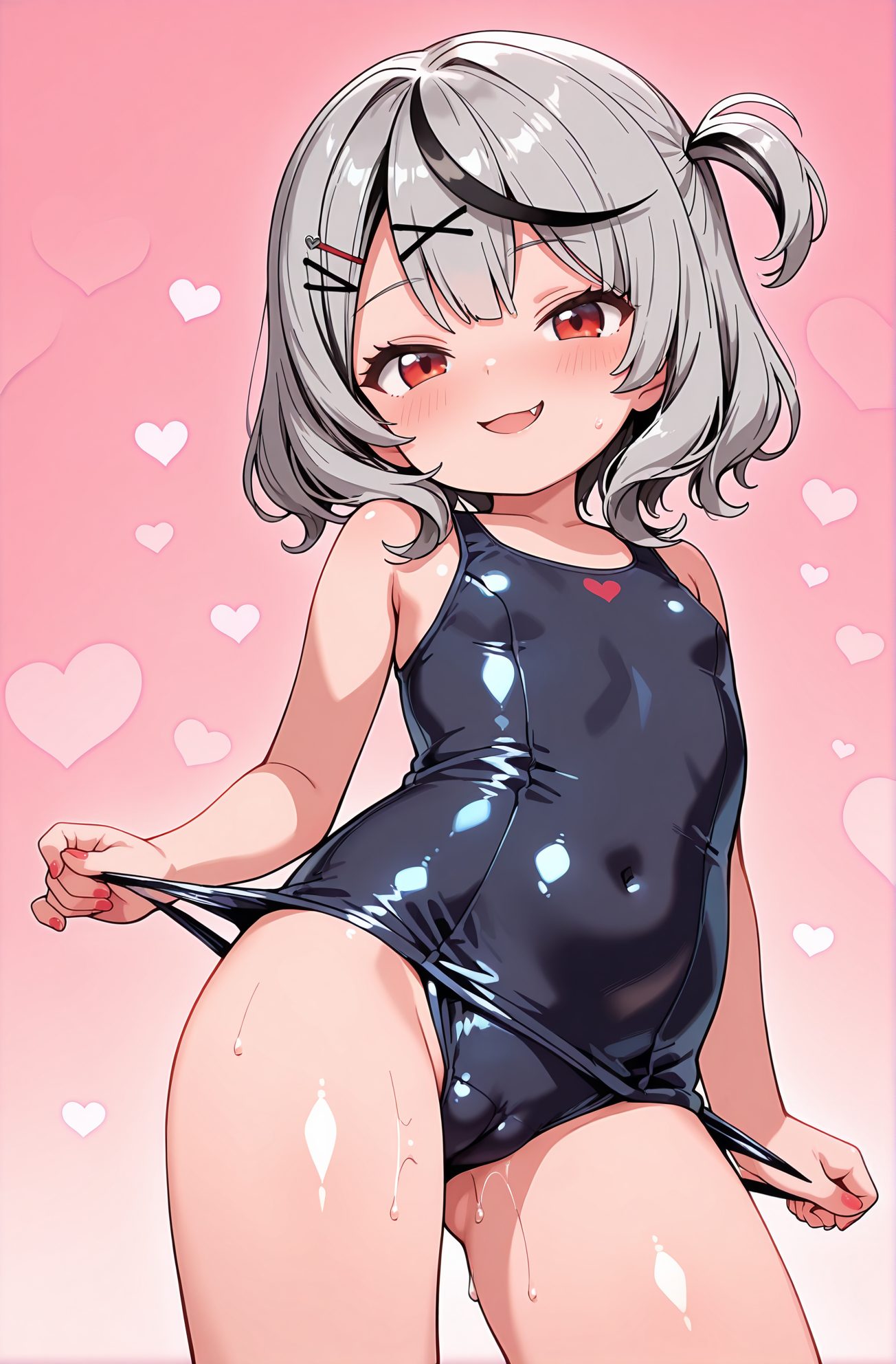 questionable, 1girl, solo, breasts, looking_at_viewer, blush, smile, short_hair, open_mouth, bangs, black_hair, hair_ornament, red_eyes, swimsuit, grey_hair, heart, multicolored_hair, small_breasts, fang, shiny, virtual_youtuber, medium_hair, streaked_hair, wet, one-piece_swimsuit, loli, covered_navel, cameltoe, one_side_up, clothes_pull, pink_background, school_swimsuit, aged_down, x_hair_ornament, shiny_clothes, blue_one-piece_swimsuit, black_one-piece_swimsuit, pulled_by_self, sakamata_chloe, 赤面, 笑顔, 短い髪, 口開き, 前髪, 黒髪, 髪飾り, 赤い目, 水着, 灰髪, 多色髪, 小さな胸, 光沢, バーチャルYouTuber, ワンピース水着, ロリ, 片側アップ, 学校水着, 沙花叉クロヱ