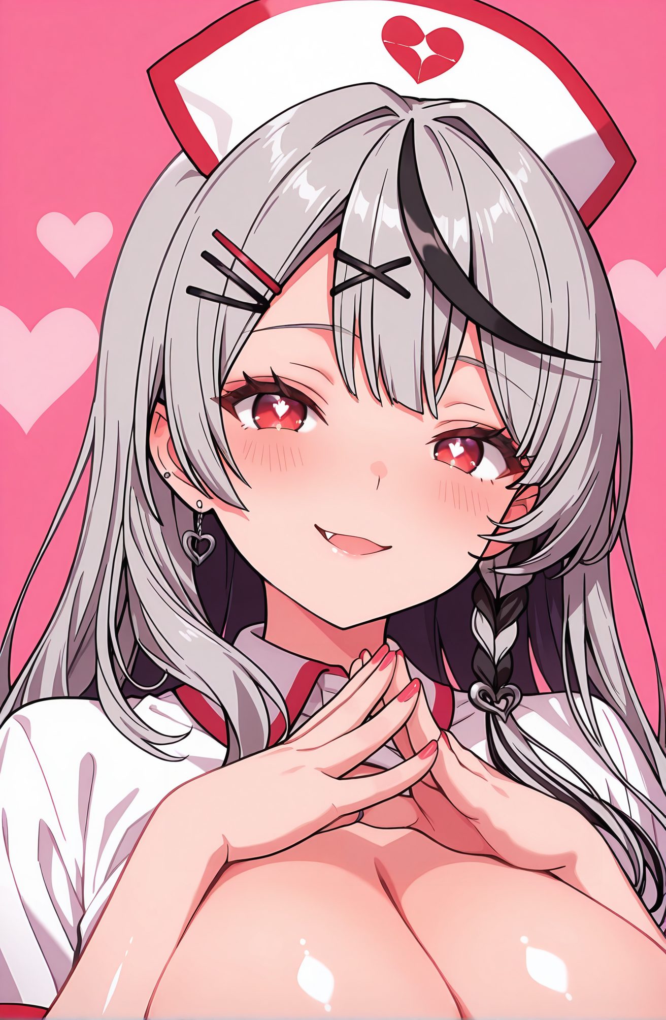 sensitive, 1girl, solo, long_hair, breasts, looking_at_viewer, blush, smile, open_mouth, bangs, large_breasts, simple_background, shirt, black_hair, hair_ornament, red_eyes, hat, cleavage, jewelry, white_shirt, upper_body, braid, grey_hair, heart, multicolored_hair, earrings, hairclip, fang, collared_shirt, virtual_youtuber, nail_polish, streaked_hair, symbol-shaped_pupils, heart-shaped_pupils, piercing, pink_background, own_hands_together, x_hair_ornament, ear_piercing, red_nails, pink_nails, nurse_cap, heart_earrings, steepled_fingers, sakamata_chloe, 長い髪, 赤面, 笑顔, 口開き, 前髪, 大きな胸, シャツ, 黒髪, 髪飾り, 赤い目, 帽子, ジュエリー, 白シャツ, 灰髪, 多色髪, イヤリング, ヘアクリップ, バーチャルYouTuber, ハート目, 沙花叉クロヱ
