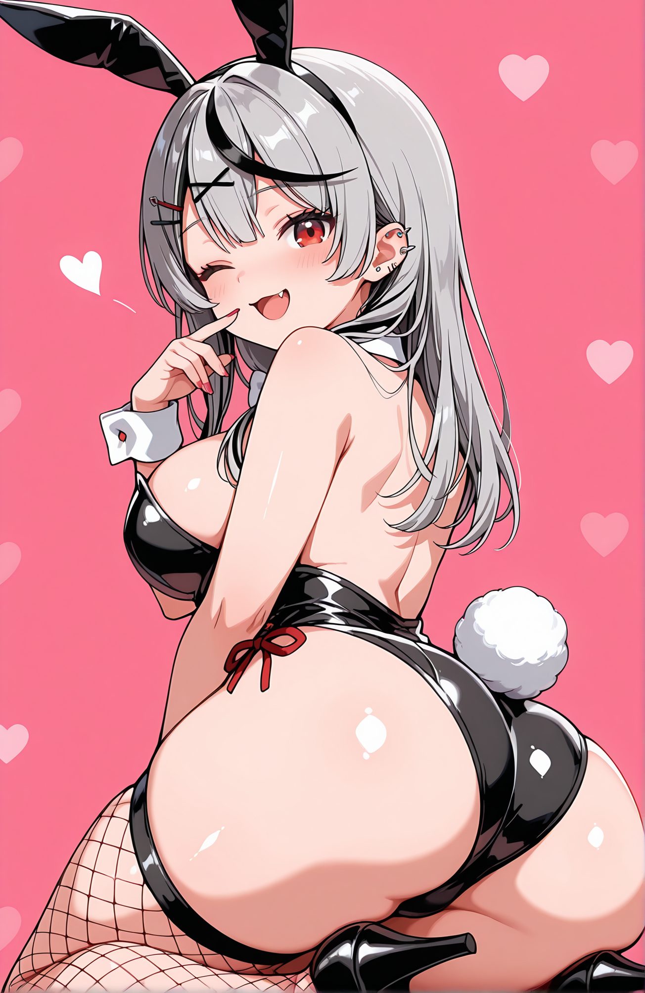 sensitive, 1girl, solo, long_hair, breasts, looking_at_viewer, blush, smile, open_mouth, bangs, large_breasts, simple_background, black_hair, hair_ornament, red_eyes, thighhighs, animal_ears, bare_shoulders, tail, ass, grey_hair, heart, thighs, multicolored_hair, one_eye_closed, hairclip, fang, looking_back, virtual_youtuber, from_behind, nail_polish, black_footwear, rabbit_ears, high_heels, leotard, streaked_hair, wrist_cuffs, strapless, detached_collar, fake_animal_ears, back, piercing, playboy_bunny, pink_background, ;d, x_hair_ornament, rabbit_tail, ear_piercing, fishnets, black_leotard, red_nails, strapless_leotard, fishnet_thighhighs, sakamata_chloe, 長い髪, 赤面, 笑顔, 口開き, 前髪, 大きな胸, 黒髪, 髪飾り, 赤い目, 太ももハイソックス, 動物耳, 肩出し, 灰髪, 多色髪, ヘアクリップ, バーチャルYouTuber, うさ耳, レオタード, 偽動物耳, プレイボーイバニー, 黒レオタード, ストラップレスレオタード, 沙花叉クロヱ, ok