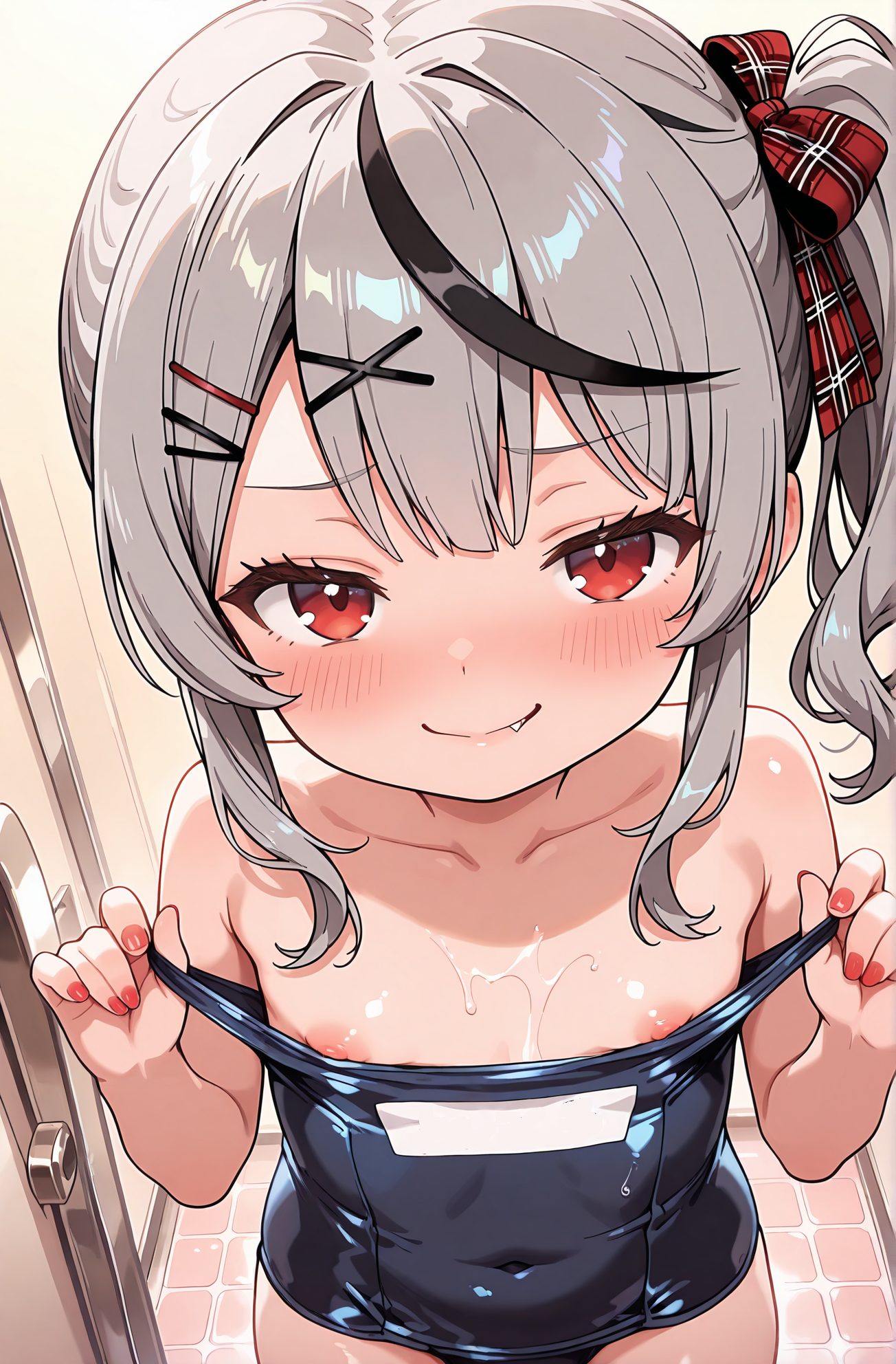 questionable, 1girl, solo, breasts, looking_at_viewer, blush, smile, bangs, black_hair, hair_ornament, red_eyes, bow, bare_shoulders, closed_mouth, nipples, collarbone, swimsuit, hair_bow, grey_hair, multicolored_hair, hairclip, fang, virtual_youtuber, nail_polish, red_bow, flat_chest, streaked_hair, one-piece_swimsuit, loli, covered_navel, clothes_pull, school_swimsuit, x_hair_ornament, red_nails, blue_one-piece_swimsuit, name_tag, pulled_by_self, fang_out, one-piece_swimsuit_pull, sakamata_chloe, 赤面, 笑顔, 前髪, 黒髪, 髪飾り, 赤い目, ボウ, 肩出し, 口閉じ, 乳首, 鎖骨, 水着, 髪ボウ, 灰髪, 多色髪, ヘアクリップ, バーチャルYouTuber, 赤リボン, 平らな胸, ワンピース水着, ロリ, 学校水着, 沙花叉クロヱ
