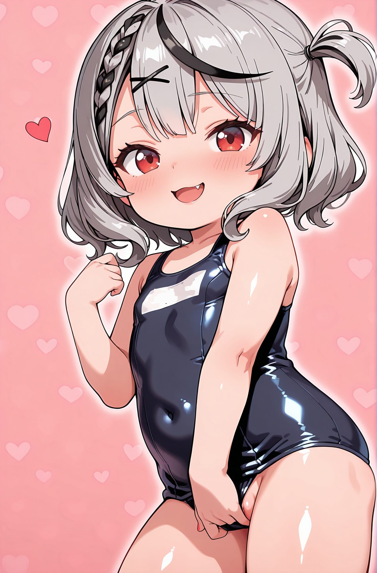questionable, 1girl, solo, breasts, looking_at_viewer, blush, smile, short_hair, open_mouth, bangs, black_hair, hair_ornament, red_eyes, swimsuit, braid, :d, grey_hair, heart, multicolored_hair, small_breasts, fang, shiny, virtual_youtuber, streaked_hair, one-piece_swimsuit, loli, covered_navel, one_side_up, pink_background, school_swimsuit, aged_down, x_hair_ornament, black_one-piece_swimsuit, name_tag, old_school_swimsuit, swimsuit_aside, sakamata_chloe, 赤面, 笑顔, 短い髪, 口開き, 前髪, 黒髪, 髪飾り, 赤い目, 水着, 灰髪, 多色髪, 小さな胸, 光沢, バーチャルYouTuber, ワンピース水着, ロリ, 片側アップ, 学校水着, 旧スクール水着, 水着ずらし, 沙花叉クロヱ