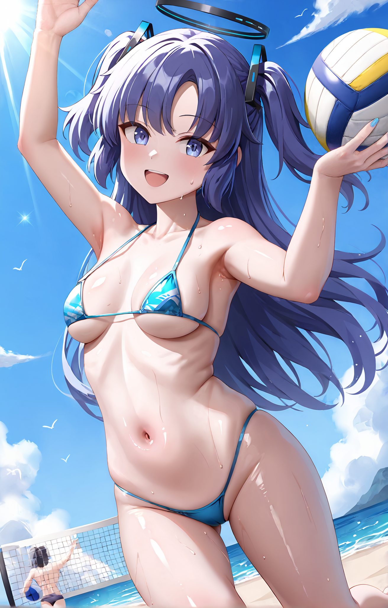 sensitive, questionable, 1girl, long_hair, breasts, looking_at_viewer, blush, smile, open_mouth, bangs, blue_eyes, black_hair, 1boy, navel, holding, bare_shoulders, medium_breasts, blue_hair, purple_eyes, collarbone, swimsuit, purple_hair, :d, bikini, thighs, sweat, outdoors, sky, solo_focus, day, cloud, armpits, water, stomach, arm_up, arms_up, two_side_up, blue_sky, wet, bare_arms, skindentation, bird, ocean, ass_visible_through_thighs, halo, beach, string_bikini, micro_bikini, blue_bikini, ball, beachball, male_swimwear, holding_ball, volleyball, yuuka_(blue_archive), 長い髪, 赤面, 笑顔, 口開き, 前髪, 青い目, 黒髪, 肩出し, 中くらいの胸, 青髪, 鎖骨, 水着, 紫髪, ビキニ, 汗, 両側アップ, ストリングビキニ, マイクロビキニ, ユウカ（ブルーアーカイブ）