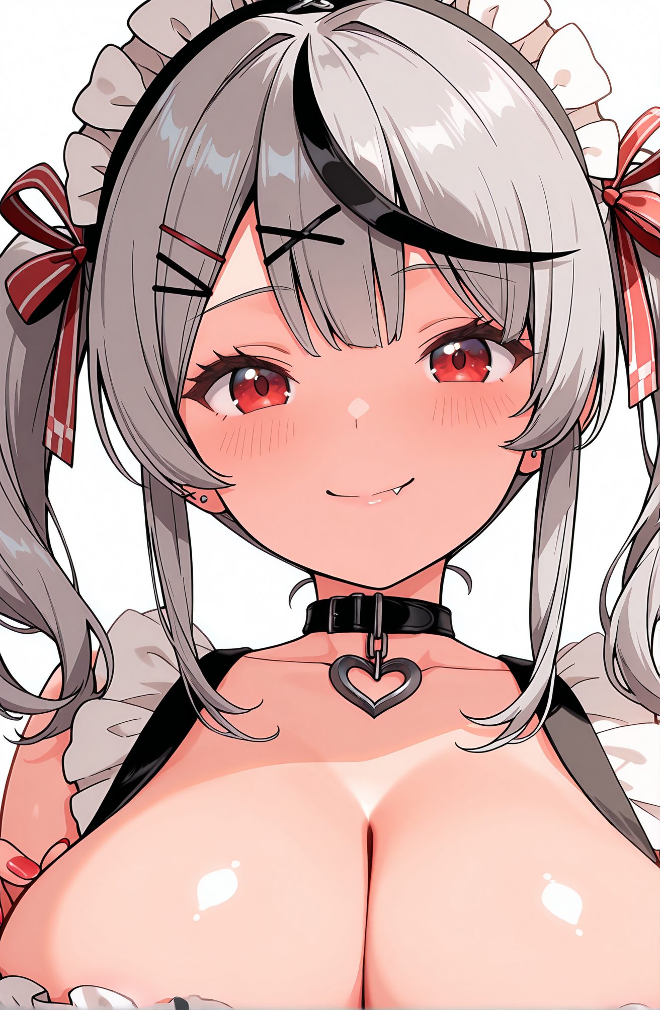sensitive, 1girl, solo, breasts, looking_at_viewer, blush, smile, bangs, large_breasts, simple_background, black_hair, hair_ornament, red_eyes, white_background, ribbon, cleavage, twintails, jewelry, closed_mouth, collarbone, hair_ribbon, upper_body, grey_hair, heart, multicolored_hair, earrings, frills, alternate_costume, hairclip, fang, virtual_youtuber, nail_polish, collar, streaked_hair, maid, maid_headdress, piercing, x_hair_ornament, ear_piercing, black_collar, fang_out, belt_collar, heart_collar, sakamata_chloe, 赤面, 笑顔, 前髪, 大きな胸, 黒髪, 髪飾り, 赤い目, リボン, ツインテール, ジュエリー, 口閉じ, 鎖骨, 髪リボン, 灰髪, 多色髪, イヤリング, ヘアクリップ, バーチャルYouTuber, 沙花叉クロヱ