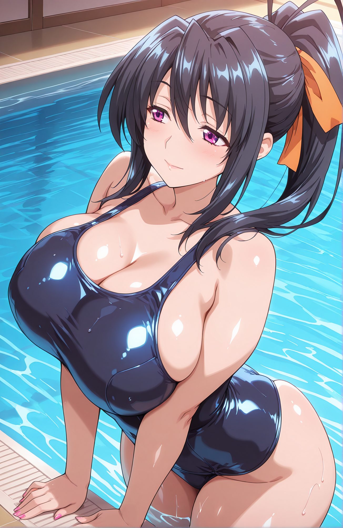 sensitive, 1girl, solo, long_hair, breasts, blush, smile, bangs, large_breasts, black_hair, ribbon, cleavage, hair_between_eyes, bare_shoulders, closed_mouth, purple_eyes, collarbone, swimsuit, hair_ribbon, ponytail, sidelocks, thighs, shiny, water, huge_breasts, wet, one-piece_swimsuit, school_swimsuit, shiny_clothes, blue_one-piece_swimsuit, pool, poolside, orange_ribbon, himejima_akeno, 長い髪, 赤面, 笑顔, 前髪, 大きな胸, 黒髪, リボン, 目にかかる髪, 肩出し, 口閉じ, 鎖骨, 水着, 髪リボン, ポニーテール, サイドロック, 光沢, 巨大な胸, ワンピース水着, 学校水着, 姫島朱乃