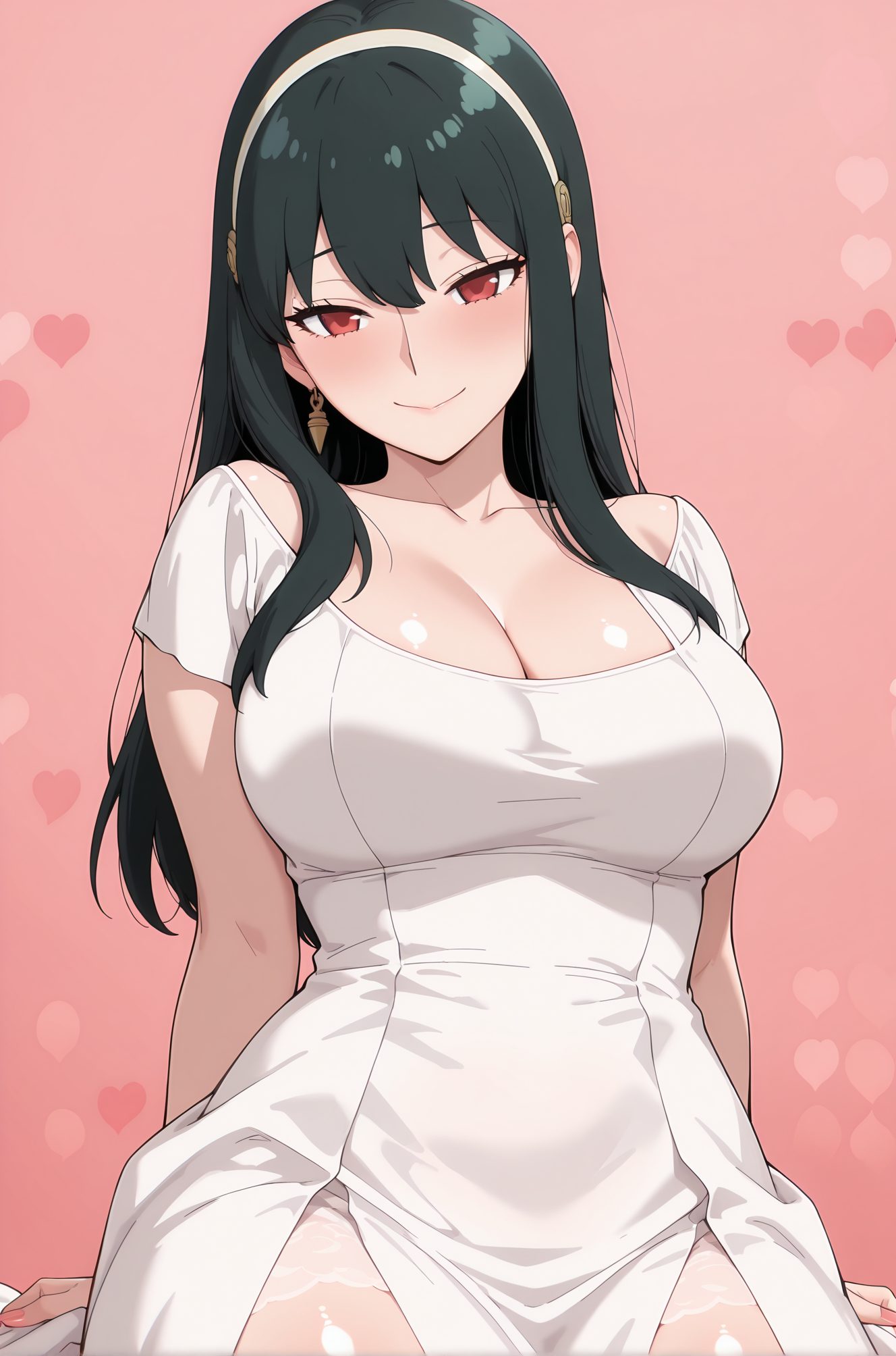 sensitive, 1girl, solo, long_hair, breasts, looking_at_viewer, blush, smile, bangs, large_breasts, black_hair, red_eyes, dress, cleavage, bare_shoulders, jewelry, sitting, closed_mouth, collarbone, short_sleeves, heart, sidelocks, hairband, earrings, off_shoulder, white_dress, arm_support, pink_background, white_hairband, off-shoulder_dress, yor_briar, 長い髪, 赤面, 笑顔, 前髪, 大きな胸, 黒髪, 赤い目, 肩出し, ジュエリー, 座り, 口閉じ, 鎖骨, サイドロック, ヘアバンド, イヤリング, ヨル・ブライア, Posted