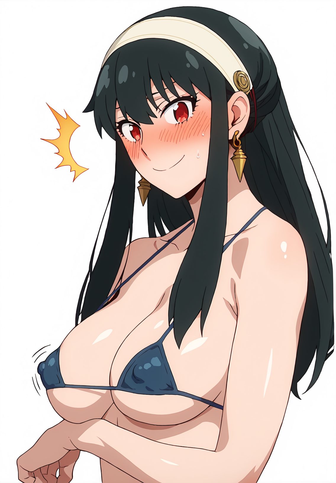 1girl, breasts, yor briar, solo, swimsuit, bikini, red eyes, covered nipples, blush, jewelry, black hair, earrings, hairband, large breasts, looking at viewer, white background, simple background, long hair, smile, upper body, sidelocks, micro bikini, ^^^, cleavage, sweatdrop, black bikini, bangs, closed mouth, collarbone, 赤面, 恥じらい, 笑顔, 胸チラ, 黒髪, 乳首チラ, 水着, 赤目, ロングヘア, 巨乳, マイクロビキニ, ぱっつん, SPY×FAMILY, ヨル・ブライア, ビキニ, 赤い目, ジュエリー, イヤリング, ヘアバンド, 大きな胸, 長い髪, サイドロック, 汗滴, 前髪, 口閉じ, 鎖骨