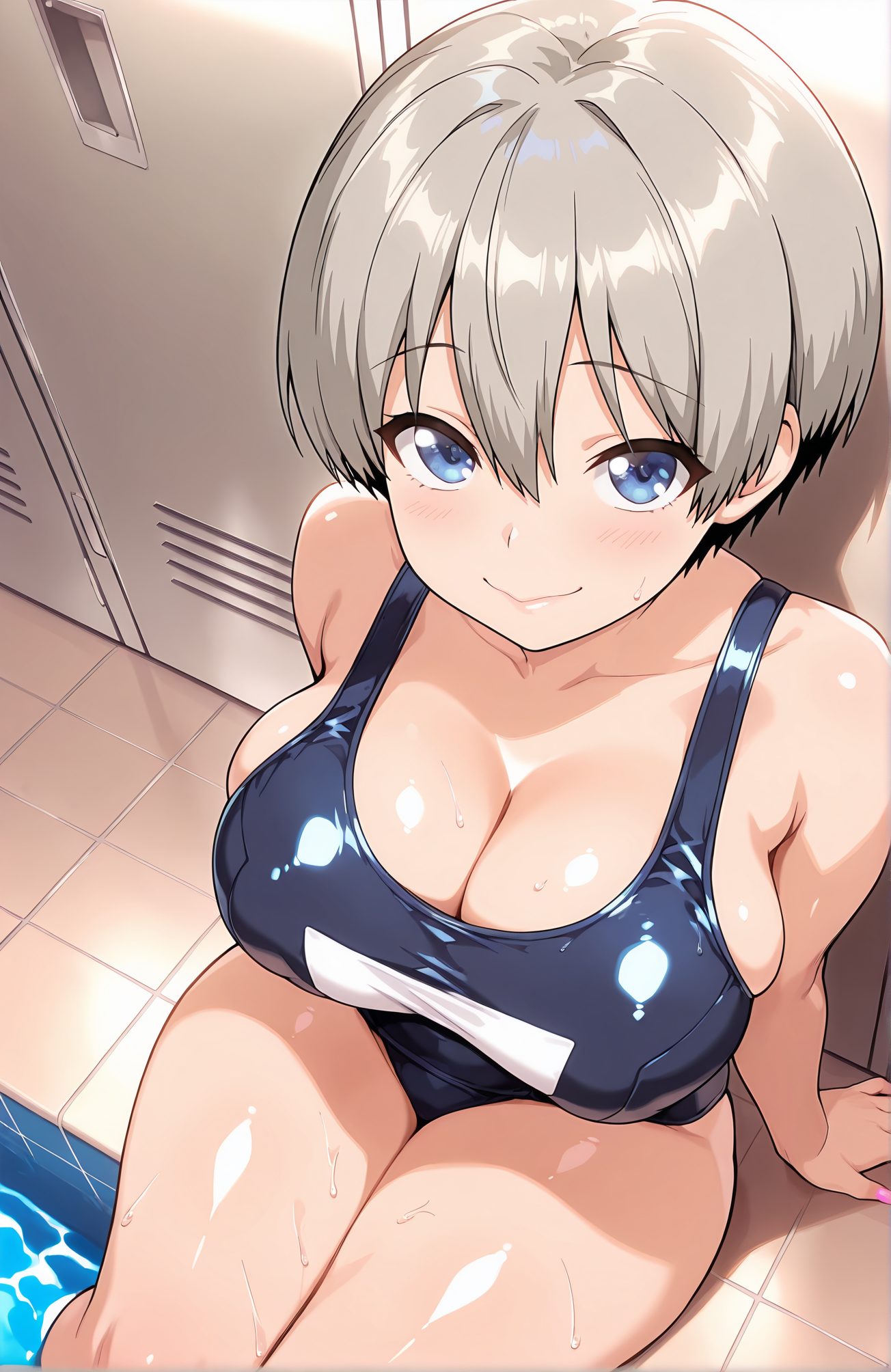 sensitive, 1girl, solo, breasts, looking_at_viewer, blush, smile, short_hair, bangs, blue_eyes, large_breasts, cleavage, hair_between_eyes, bare_shoulders, sitting, closed_mouth, collarbone, swimsuit, grey_hair, thighs, shiny, indoors, water, shiny_hair, wet, one-piece_swimsuit, shiny_skin, skindentation, school_swimsuit, shiny_clothes, blue_one-piece_swimsuit, tiles, pool, tile_floor, soaking_feet, poolside, locker, uzaki_hana, 赤面, 笑顔, 短い髪, 前髪, 青い目, 大きな胸, 目にかかる髪, 肩出し, 座り, 口閉じ, 鎖骨, 水着, 灰髪, 光沢, ワンピース水着, 光沢肌, 学校水着, 宇崎花, 宇崎花_posted