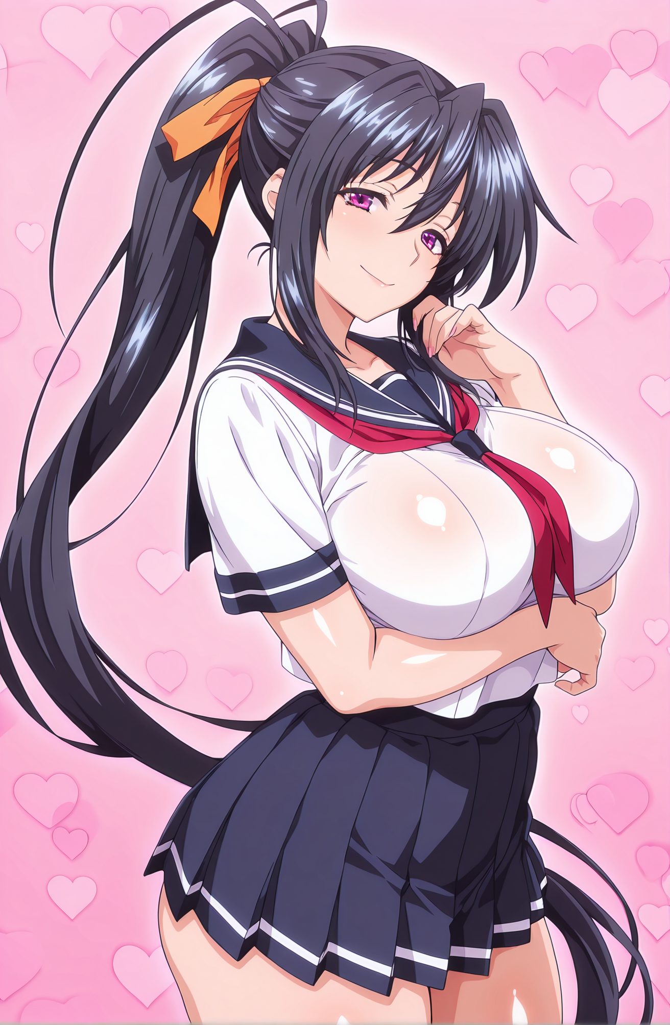 sensitive, 1girl, solo, long_hair, breasts, looking_at_viewer, blush, smile, bangs, skirt, large_breasts, shirt, black_hair, ribbon, hair_between_eyes, very_long_hair, closed_mouth, school_uniform, purple_eyes, hair_ribbon, white_shirt, ponytail, short_sleeves, heart, sidelocks, thighs, cowboy_shot, pleated_skirt, serafuku, shiny, miniskirt, black_skirt, sailor_collar, blue_skirt, neckerchief, pink_background, red_neckerchief, breast_hold, arm_under_breasts, heart_background, orange_ribbon, himejima_akeno, 長い髪, 赤面, 笑顔, 前髪, スカート, 大きな胸, シャツ, 黒髪, リボン, 目にかかる髪, とても長い髪, 口閉じ, 学校制服, 髪リボン, 白シャツ, ポニーテール, サイドロック, セーラー服, 光沢, ミニスカート, 姫島朱乃