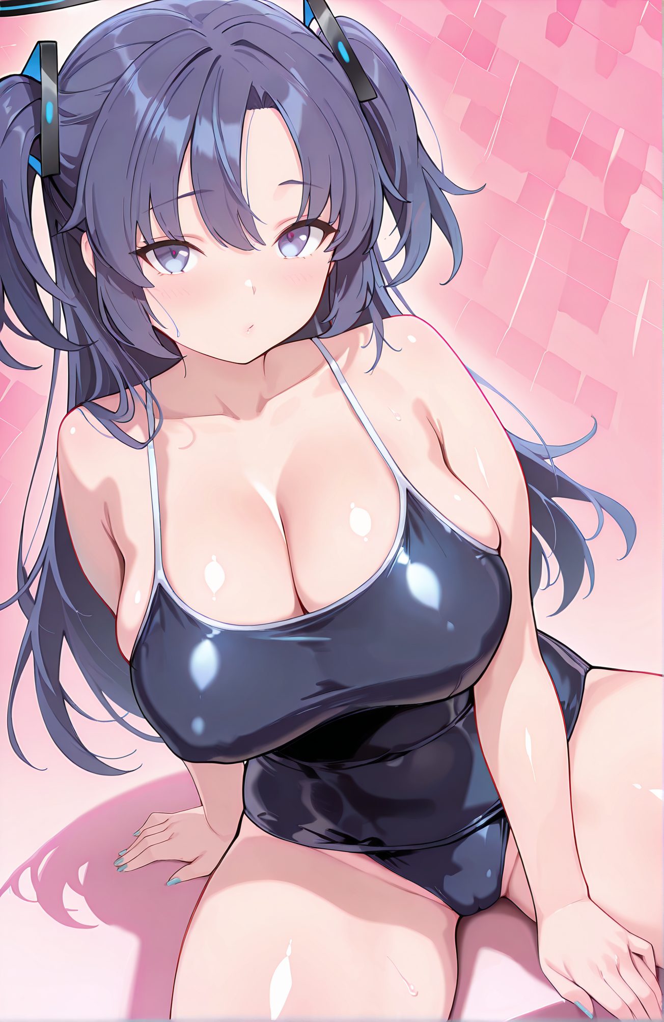 questionable, 1girl, solo, long_hair, breasts, looking_at_viewer, blush, bangs, blue_eyes, large_breasts, cleavage, bare_shoulders, sitting, closed_mouth, purple_eyes, collarbone, swimsuit, purple_hair, thighs, nail_polish, covered_nipples, two_side_up, one-piece_swimsuit, parted_bangs, covered_navel, cameltoe, halo, school_swimsuit, blue_nails, blue_one-piece_swimsuit, yuuka_(blue_archive), 長い髪, 赤面, 前髪, 青い目, 大きな胸, 肩出し, 座り, 口閉じ, 鎖骨, 水着, 紫髪, 両側アップ, ワンピース水着, 学校水着, ユウカ（ブルーアーカイブ）