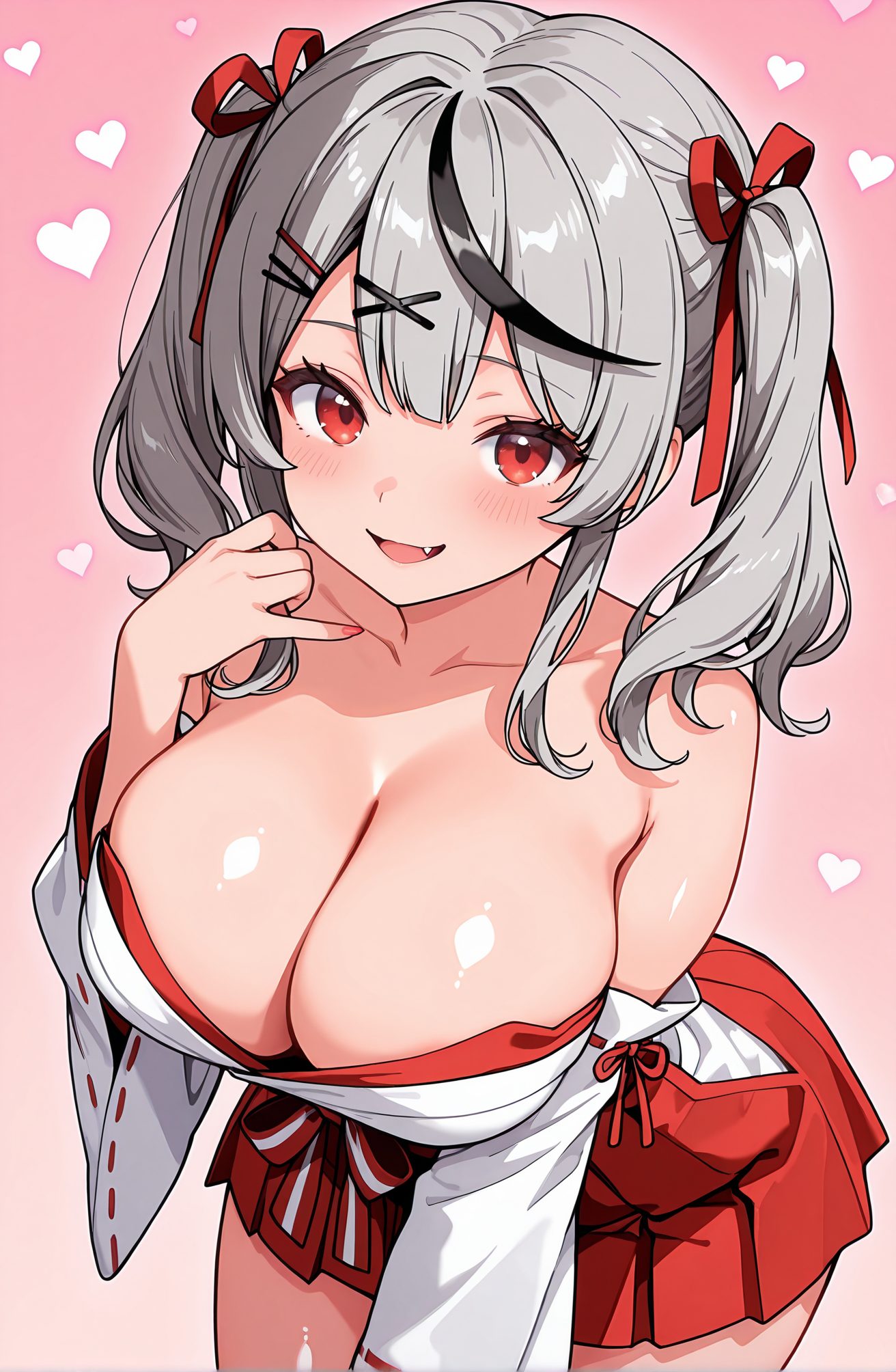 sensitive, questionable, 1girl, solo, breasts, looking_at_viewer, blush, smile, open_mouth, bangs, skirt, large_breasts, black_hair, hair_ornament, red_eyes, long_sleeves, ribbon, cleavage, bare_shoulders, twintails, collarbone, hair_ribbon, :d, grey_hair, heart, multicolored_hair, detached_sleeves, japanese_clothes, hairclip, fang, virtual_youtuber, hand_up, wide_sleeves, medium_hair, red_ribbon, streaked_hair, shiny_skin, leaning_forward, red_skirt, pink_background, x_hair_ornament, ribbon_trim, hakama, hakama_skirt, ribbon-trimmed_sleeves, miko, hakama_short_skirt, red_hakama, sakamata_chloe, 赤面, 笑顔, 口開き, 前髪, スカート, 大きな胸, 黒髪, 髪飾り, 赤い目, リボン, 肩出し, ツインテール, 鎖骨, 髪リボン, 灰髪, 多色髪, 和服, ヘアクリップ, バーチャルYouTuber, 赤リボン, 光沢肌, 沙花叉クロヱ, 沙花叉クロヱ_posted