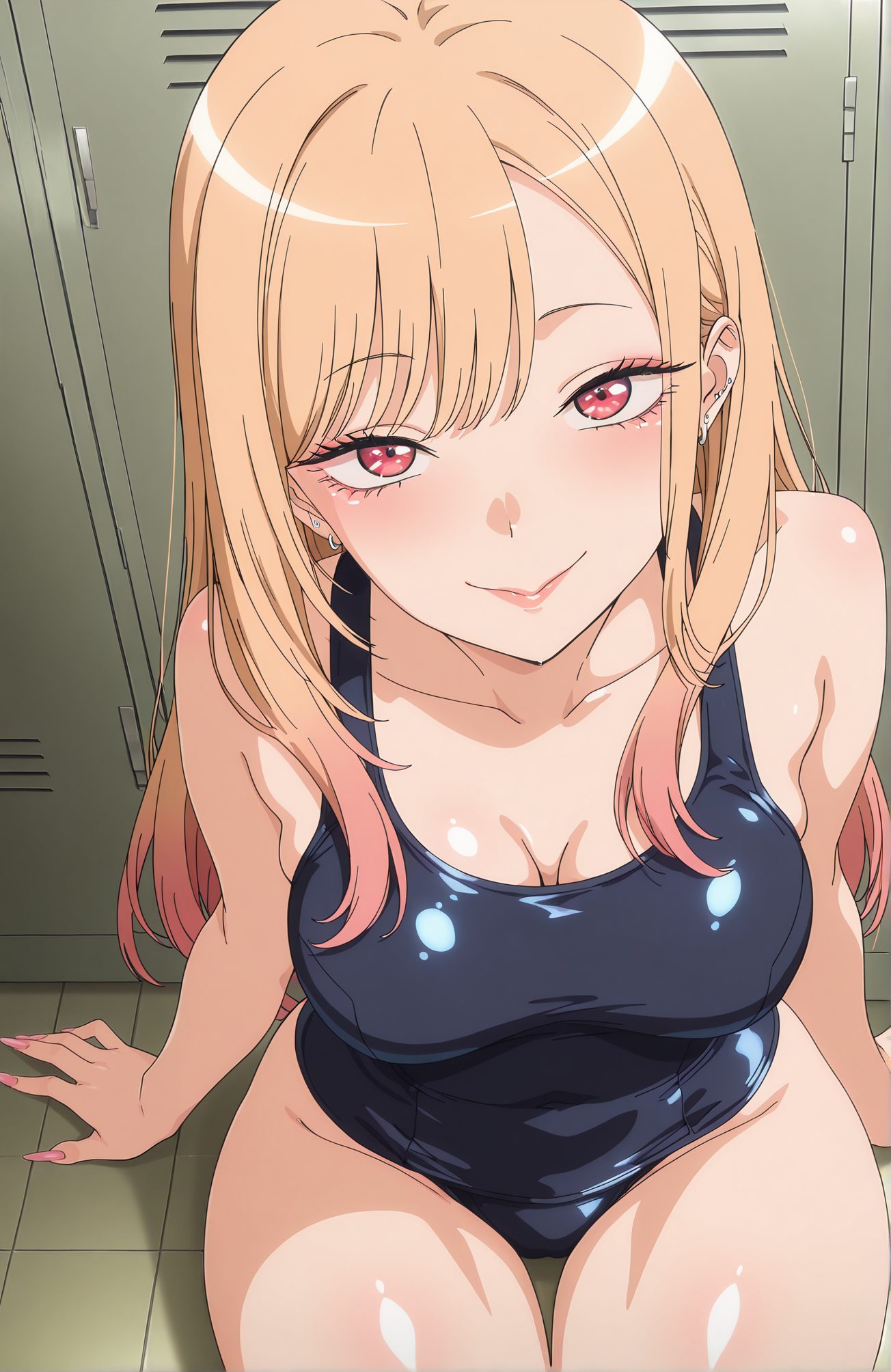 sensitive, 1girl, solo, long_hair, breasts, looking_at_viewer, blush, smile, bangs, blonde_hair, large_breasts, red_eyes, cleavage, bare_shoulders, jewelry, sitting, closed_mouth, collarbone, swimsuit, pink_hair, thighs, multicolored_hair, earrings, shiny, indoors, nail_polish, fingernails, one-piece_swimsuit, shiny_skin, gradient_hair, makeup, piercing, school_swimsuit, ear_piercing, pink_nails, long_fingernails, blue_one-piece_swimsuit, gyaru, locker, locker_room, industrial_piercing, kitagawa_marin, 長い髪, 赤面, 笑顔, 前髪, 金髪, 大きな胸, 赤い目, 肩出し, ジュエリー, 座り, 口閉じ, 鎖骨, 水着, ピンク髪, 多色髪, イヤリング, 光沢, ワンピース水着, 光沢肌, 学校水着, 喜多川海夢