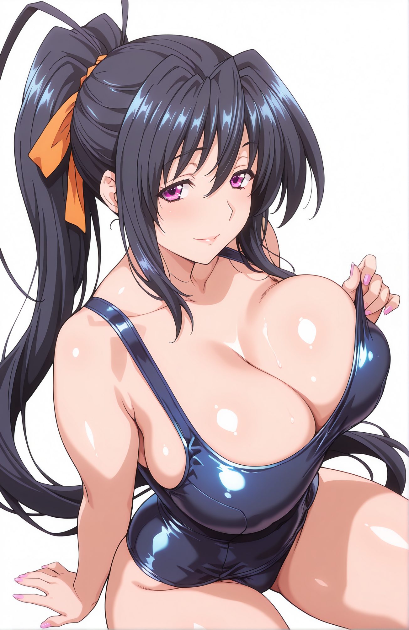 sensitive, 1girl, solo, long_hair, breasts, looking_at_viewer, blush, smile, bangs, large_breasts, simple_background, black_hair, white_background, ribbon, cleavage, hair_between_eyes, bare_shoulders, sitting, very_long_hair, closed_mouth, purple_eyes, collarbone, swimsuit, hair_ribbon, ponytail, sidelocks, thighs, shiny, nail_polish, one-piece_swimsuit, shiny_skin, arm_support, school_swimsuit, pink_nails, shiny_clothes, blue_one-piece_swimsuit, orange_ribbon, himejima_akeno, 長い髪, 赤面, 笑顔, 前髪, 大きな胸, 黒髪, リボン, 目にかかる髪, 肩出し, 座り, とても長い髪, 口閉じ, 鎖骨, 水着, 髪リボン, ポニーテール, サイドロック, 光沢, ワンピース水着, 光沢肌, 学校水着, 姫島朱乃