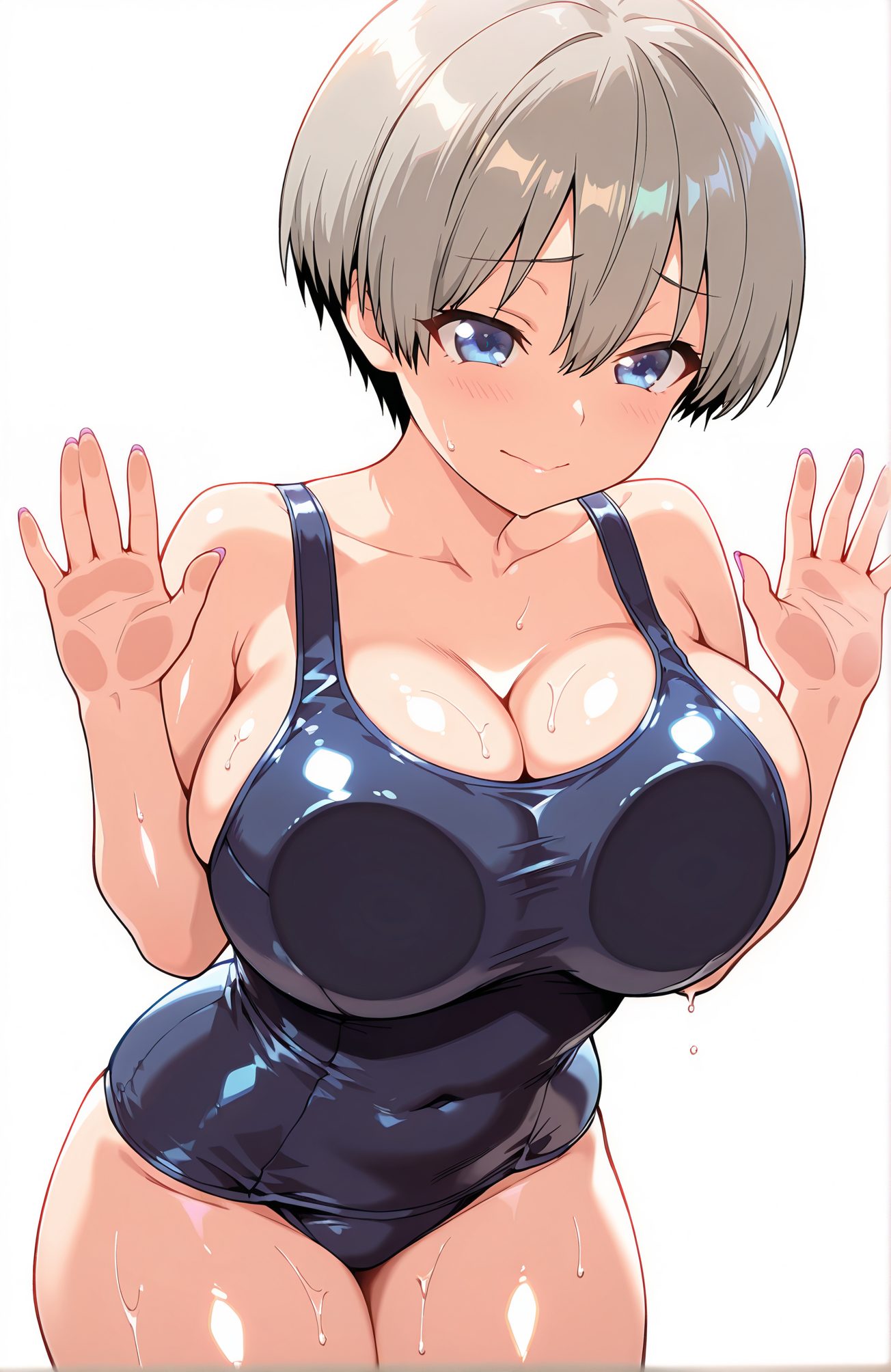 sensitive, 1girl, solo, breasts, looking_at_viewer, blush, smile, short_hair, bangs, blue_eyes, large_breasts, simple_background, white_background, cleavage, hair_between_eyes, bare_shoulders, closed_mouth, standing, collarbone, swimsuit, grey_hair, thighs, cowboy_shot, shiny, wet, one-piece_swimsuit, hands_up, covered_navel, skindentation, school_swimsuit, breast_press, wide_hips, shiny_clothes, blue_one-piece_swimsuit, raised_eyebrows, black_one-piece_swimsuit, against_glass, breasts_on_glass, uzaki_hana, 赤面, 笑顔, 短い髪, 前髪, 青い目, 大きな胸, 目にかかる髪, 肩出し, 口閉じ, 鎖骨, 水着, 灰髪, 光沢, ワンピース水着, 学校水着, パイズリ, 宇崎花, 宇崎花_posted
